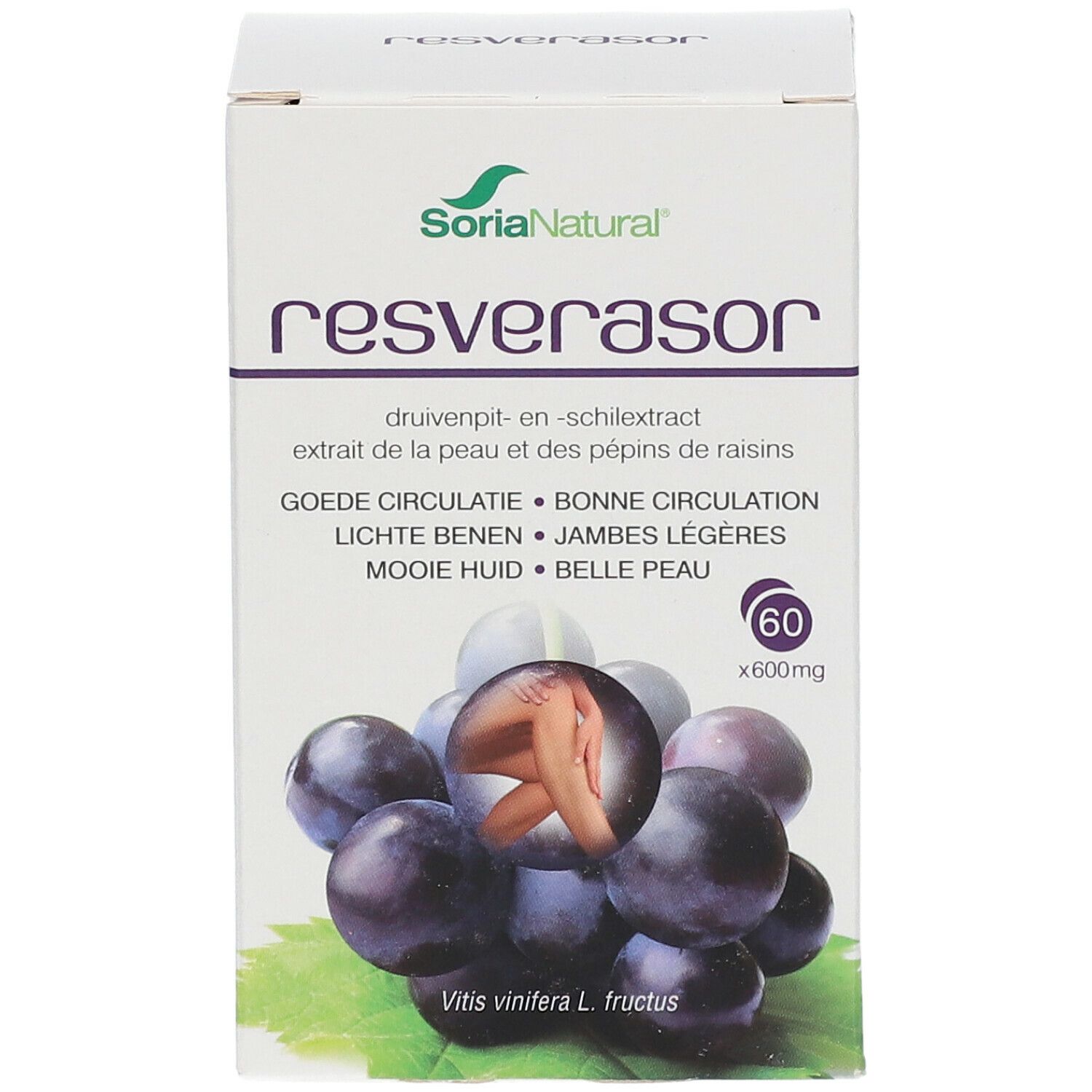 Boîte Resverasor Soria Natural. Illustration de raisins et jambes. Ingrédients et informations nutritionnelles. 60 gélules.
