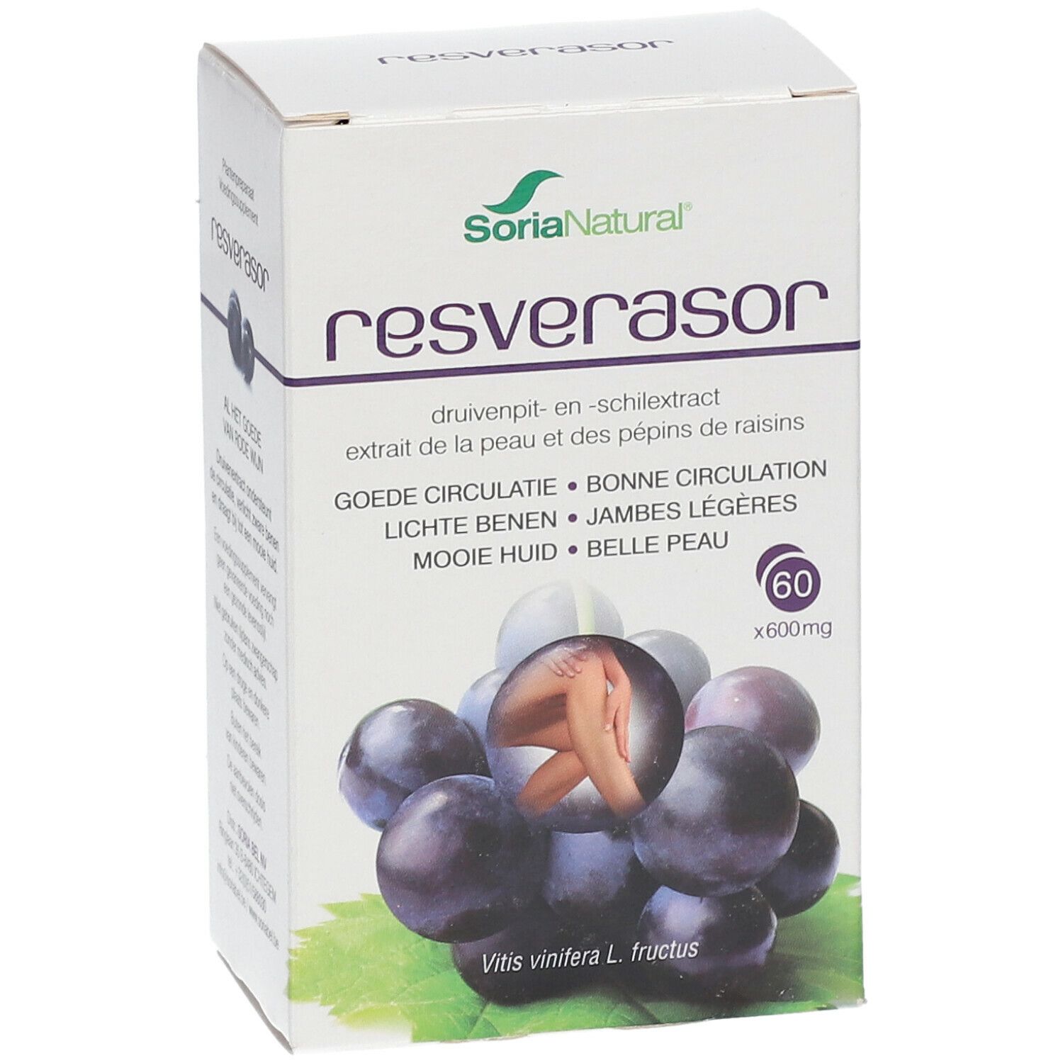 Boîte Resverasor Soria Natural. Illustration de raisins et jambes. Ingrédients et informations nutritionnelles. 60 gélules.