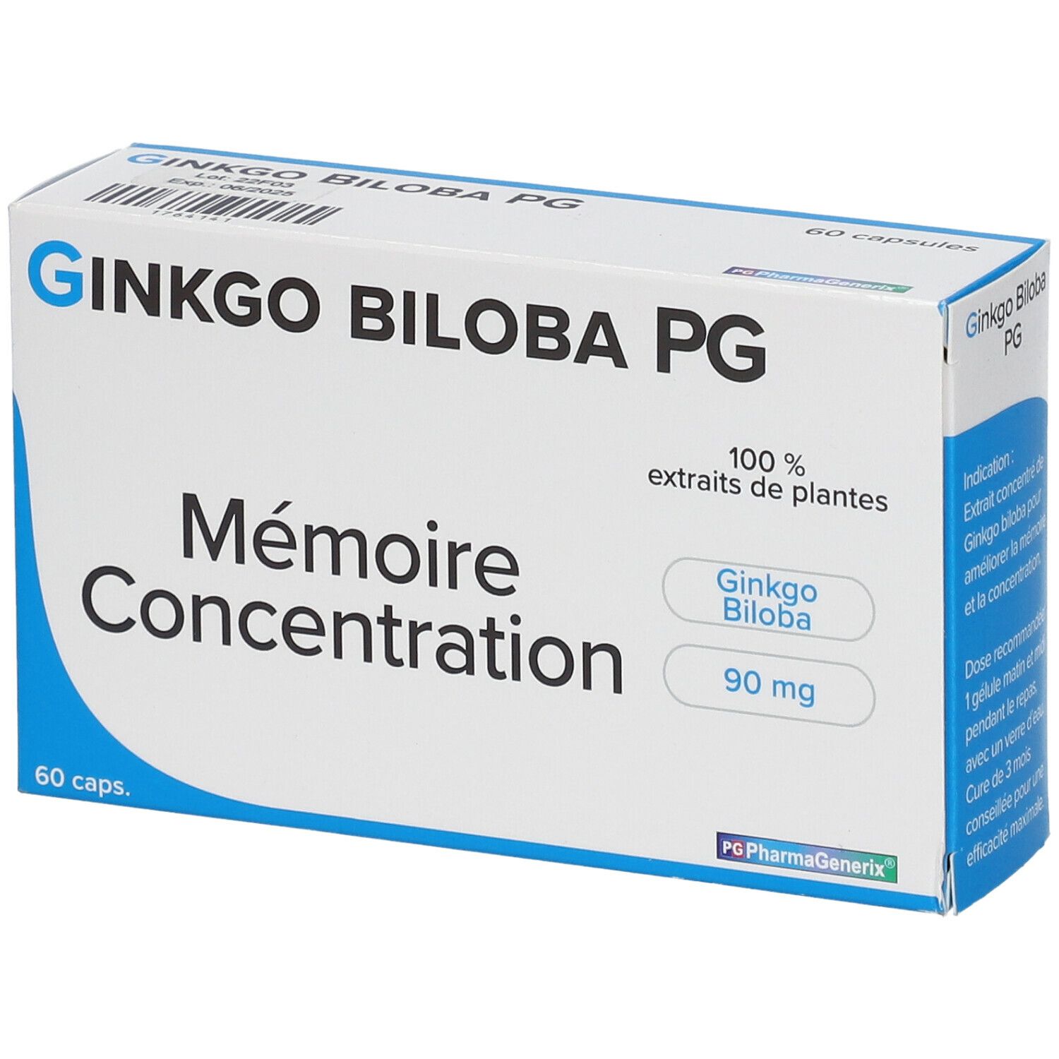 Boîte de Ginkgo Biloba PG. Inscription: Mémoire Concentration, 60 capsules. Contient 90 mg de Ginkgo Biloba. Emballage bleu et blanc.