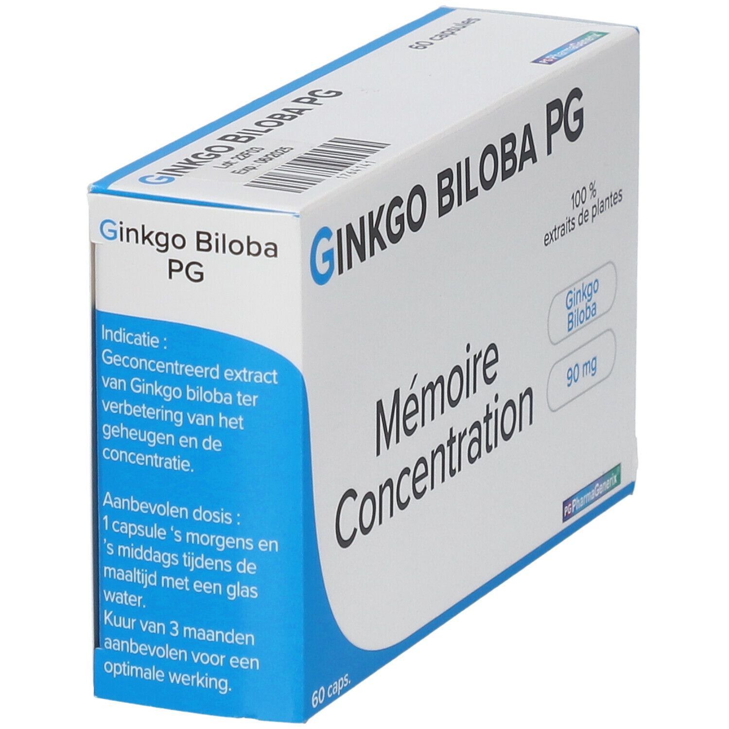 Boîte de Ginkgo Biloba PG. Inscription: Mémoire Concentration, 60 capsules. Contient 90 mg de Ginkgo Biloba. Emballage bleu et blanc.