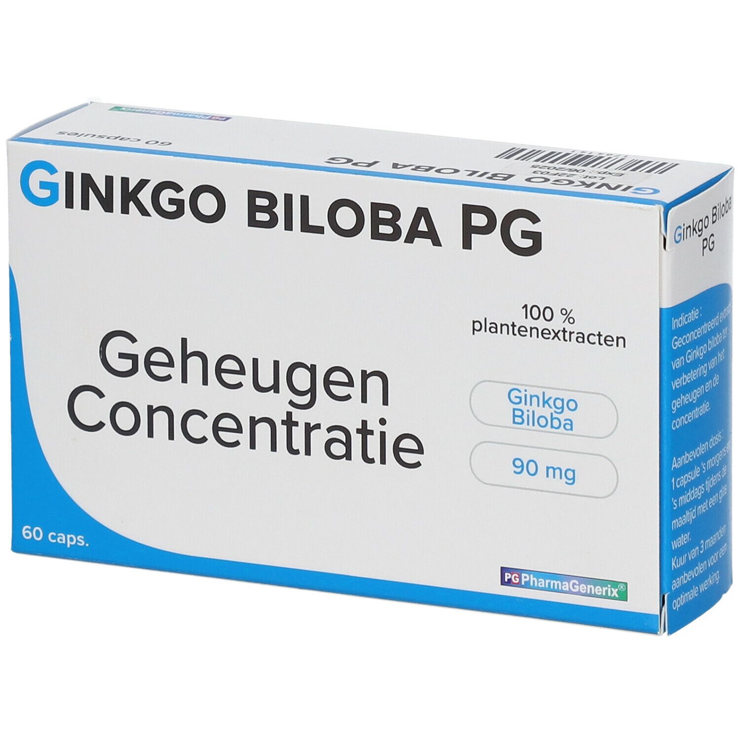 Boîte de Ginkgo Biloba PG. Inscription: Geheugen Concentratie, 60 capsules. Contient 90 mg de Ginkgo Biloba. Emballage bleu et blanc.