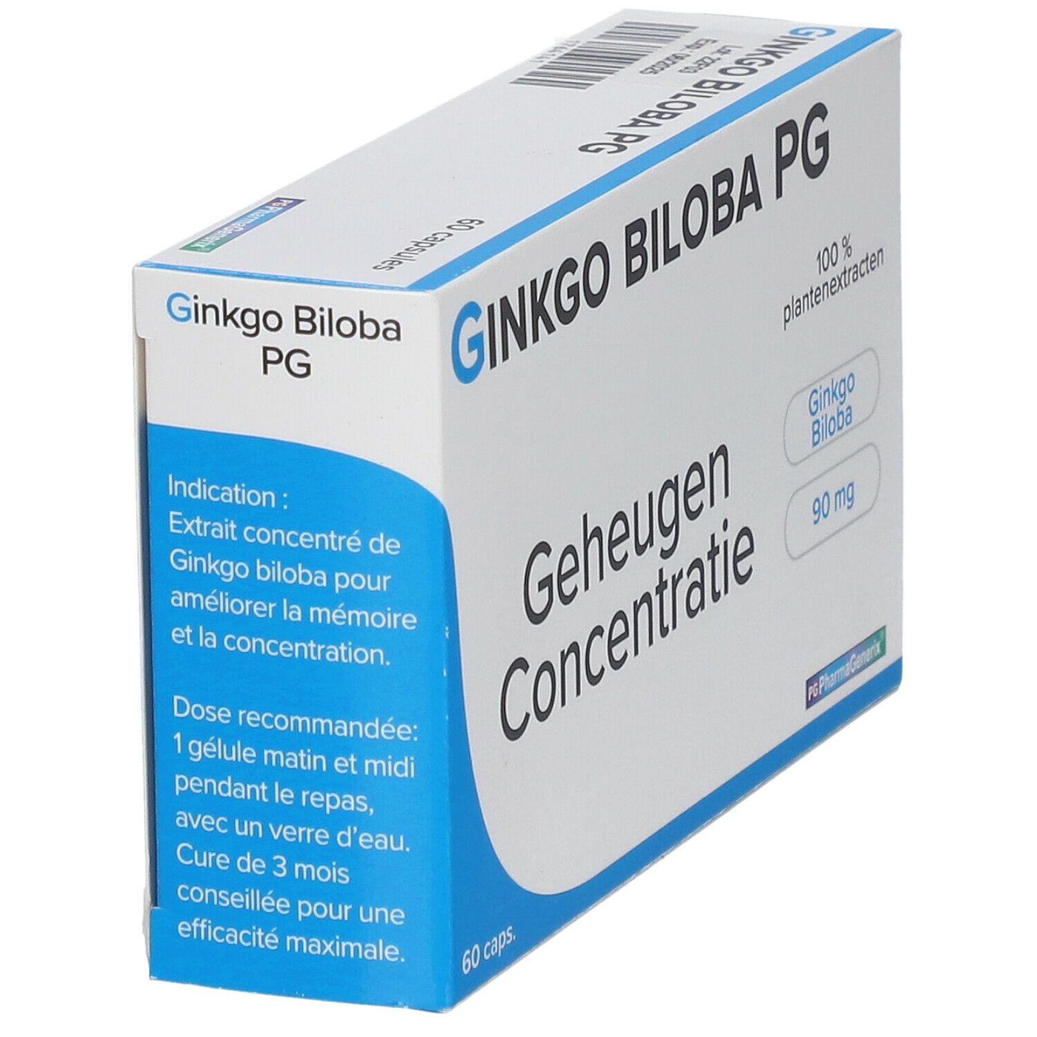 Boîte de Ginkgo Biloba PG. Inscription: Geheugen Concentratie, 60 capsules. Contient 90 mg de Ginkgo Biloba. Emballage bleu et blanc.
