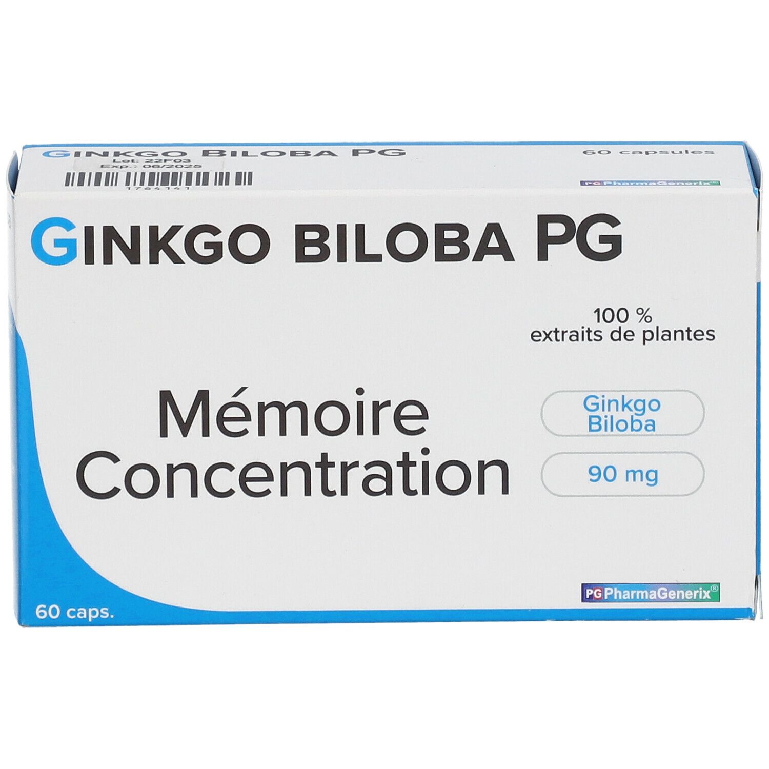 Boîte de Ginkgo Biloba PG. Inscription: Mémoire Concentration, 60 capsules. Contient 90 mg de Ginkgo Biloba. Emballage bleu et blanc.