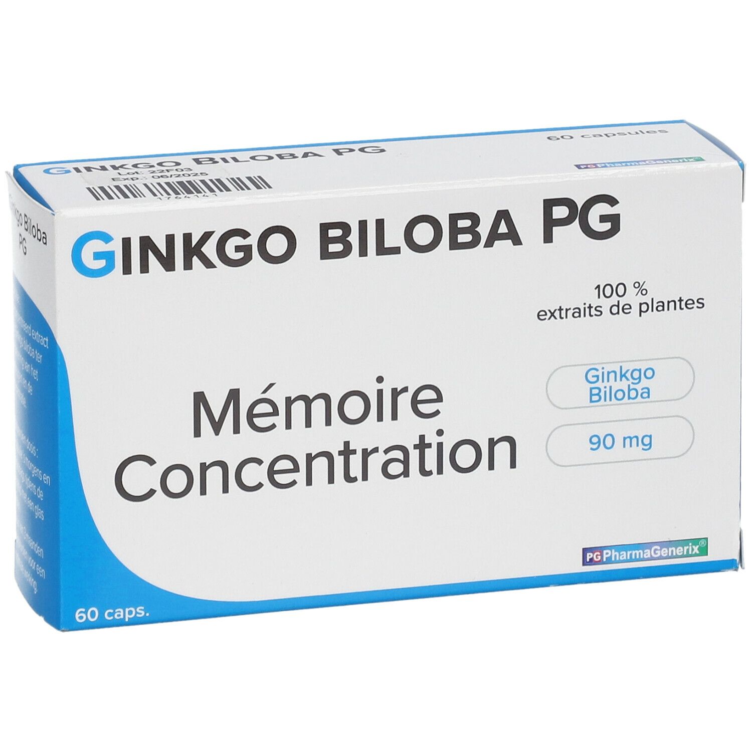 Boîte de Ginkgo Biloba PG. Inscription: Mémoire Concentration, 60 capsules. Contient 90 mg de Ginkgo Biloba. Emballage bleu et blanc.
