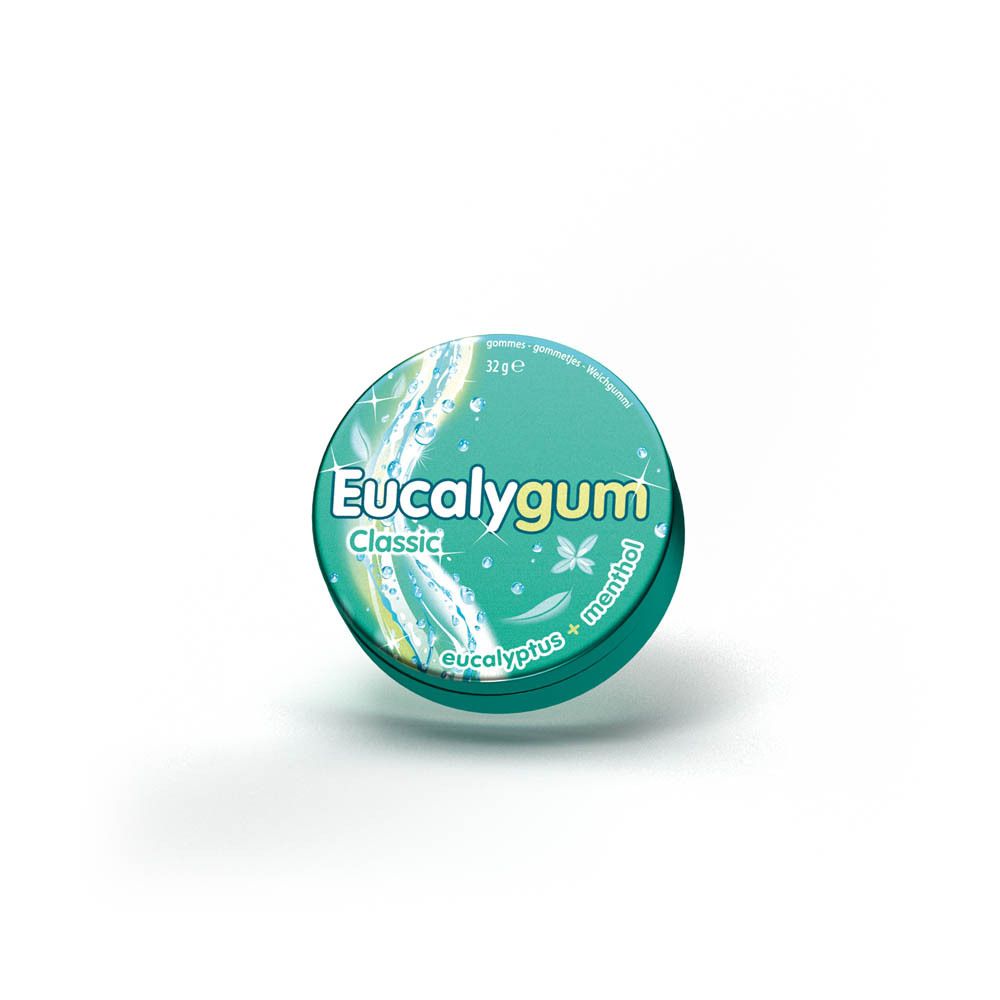 Boîte ronde verte Eucalygum Classic. Inscription: Eucalypgum, Classic, Eucalyptus + Menthol. Boîte avec 32g.