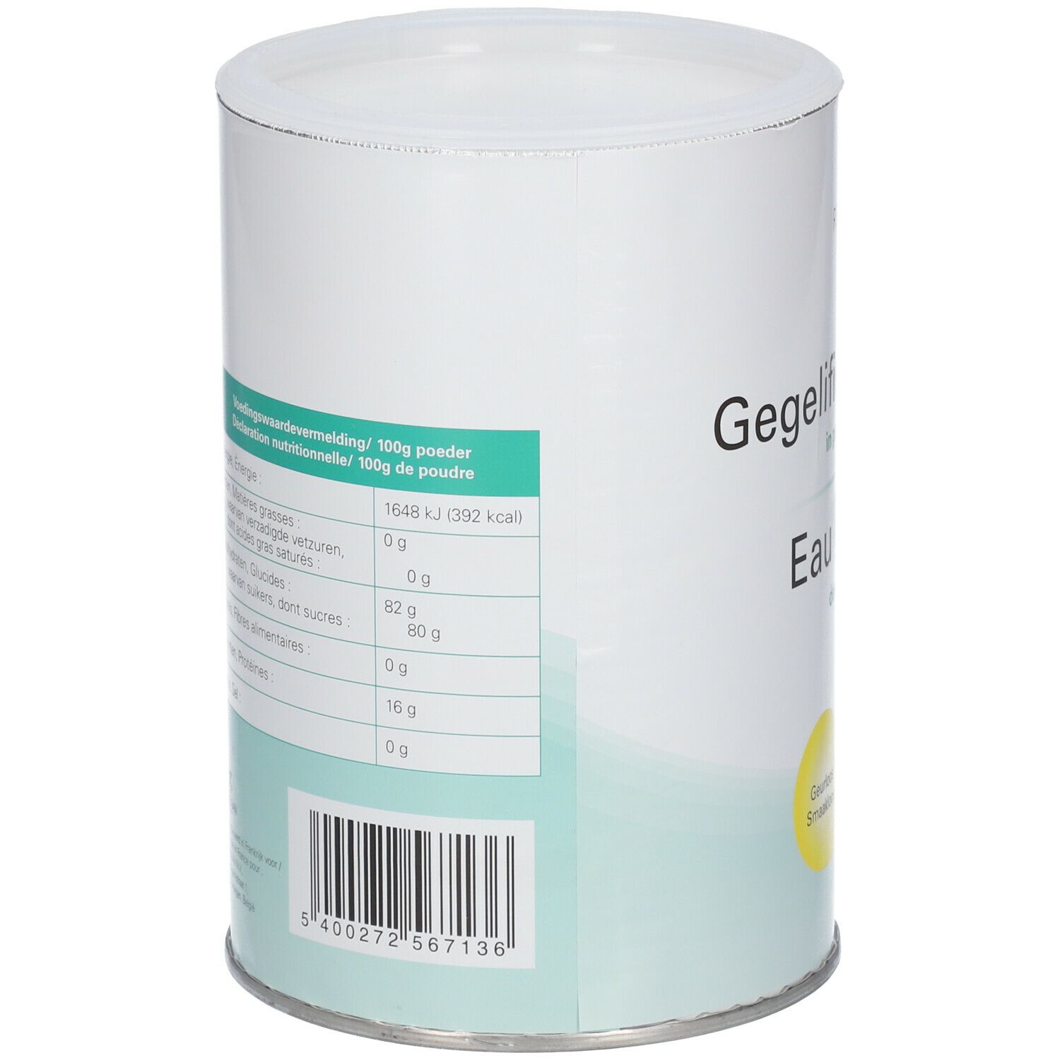 Boîte cylindrique. Dos avec informations nutritionnelles. Texte: 100g de poudre. Code-barres. Inscription: Eau gélifiée. Marque: Revogan.