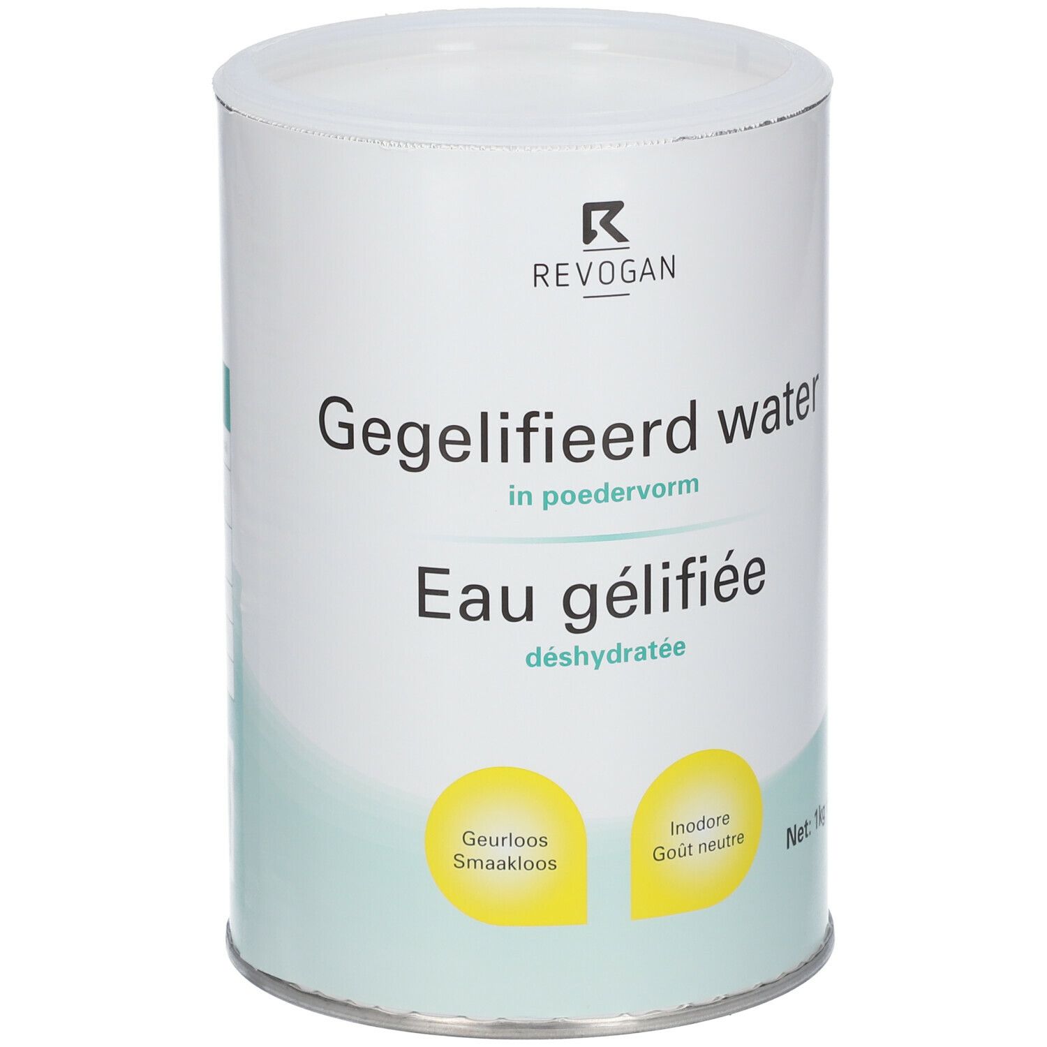 Boîte cylindrique blanche. Texte: Eau gélifiée déshydratée. Étiquette jaune: Inodore, goût neutre. Marque: Revogan. Poids net: 1kg.