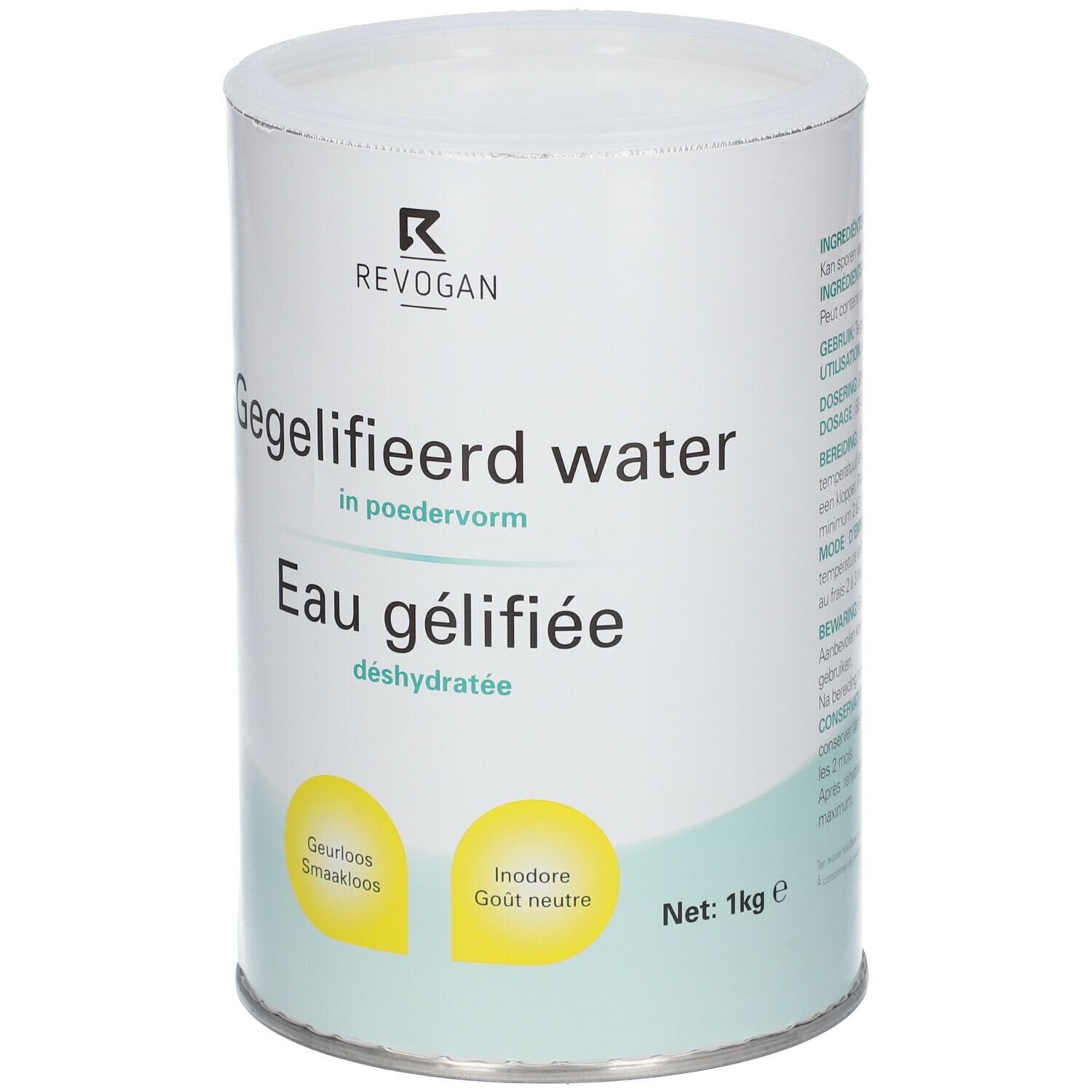 Boîte cylindrique blanche. Texte: Eau gélifiée déshydratée. Étiquette jaune: Inodore, goût neutre. Marque: Revogan. Poids net: 1kg.