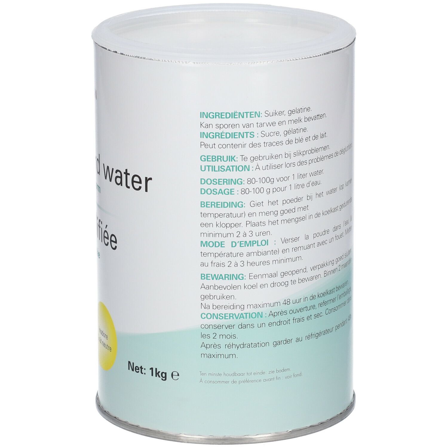 Boîte cylindrique. Texte: Eau gélifiée déshydratée. Ingrédients, dosage, mode d'emploi. Marque: Revogan. Poids net: 1kg.