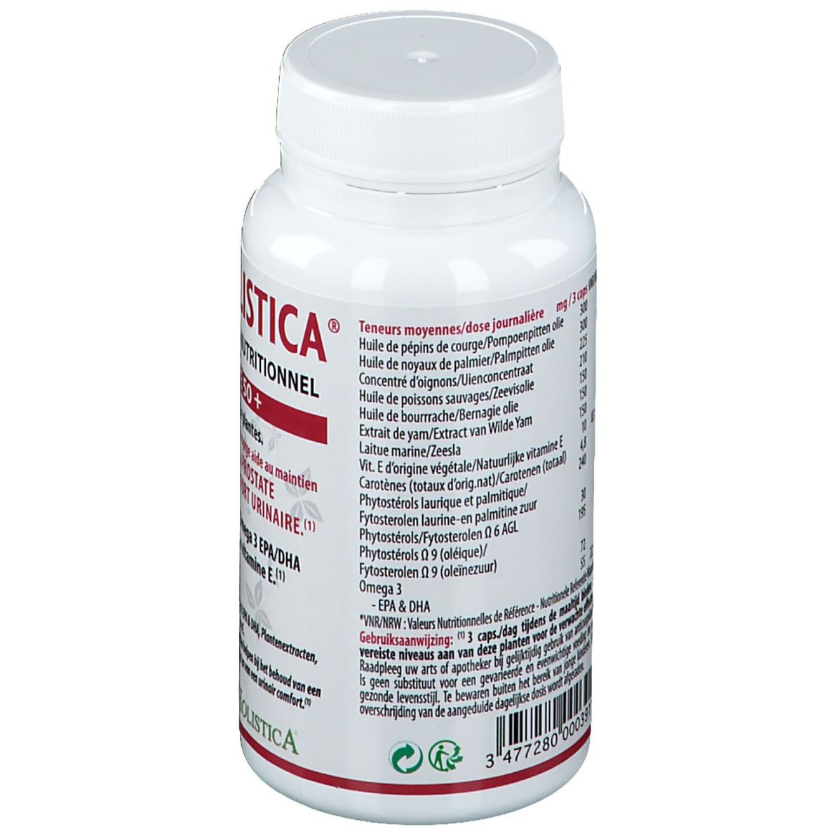 Dos du flacon blanc de gélules. Texte: ingrédients, informations nutritionnelles, dosage. Marque: Holistica. Contient Oméga 3, EPA, DHA, vitamines.