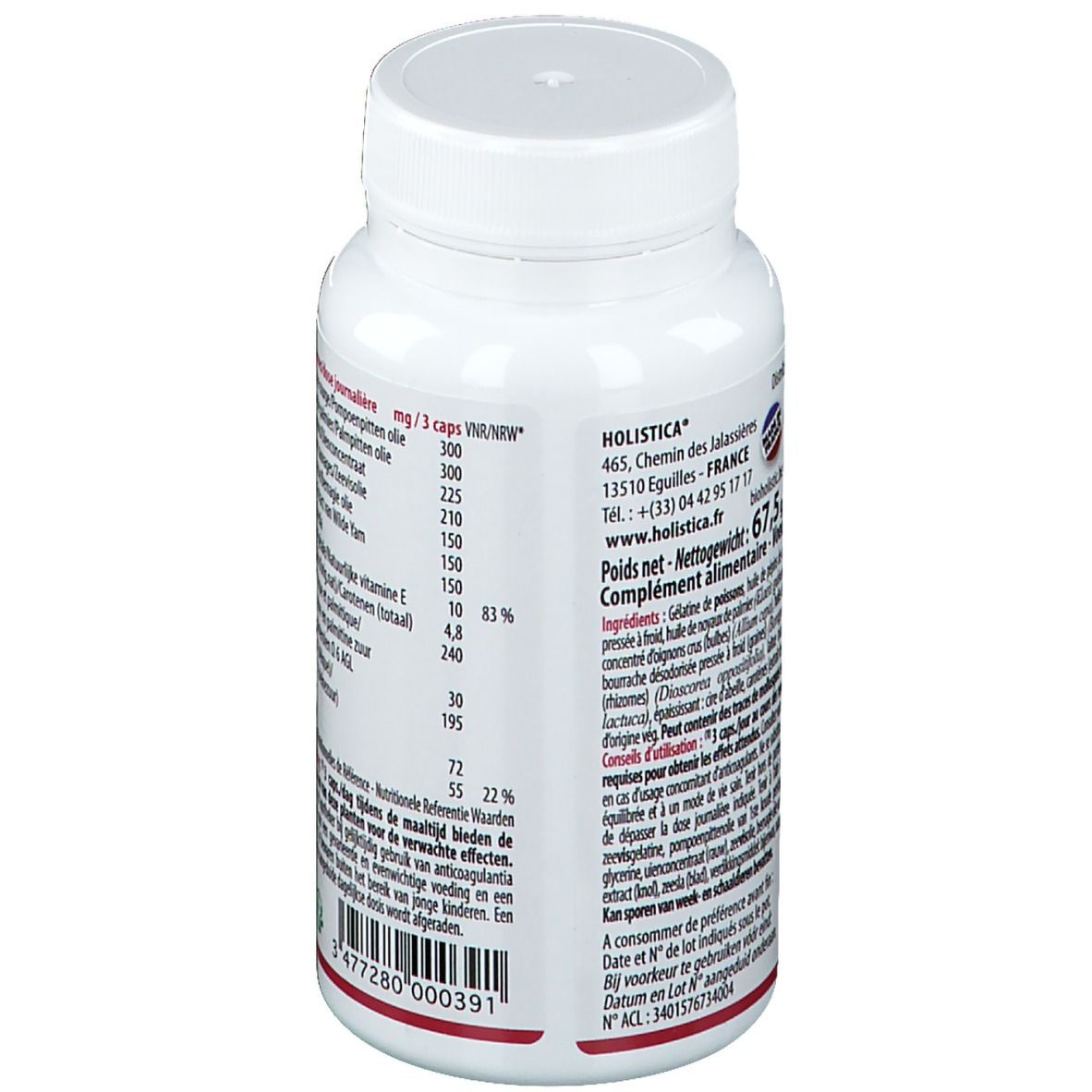 Dos du flacon blanc de gélules. Texte: informations nutritionnelles, ingrédients, coordonnées. Marque: Holistica. Poids net: 67,5g.
