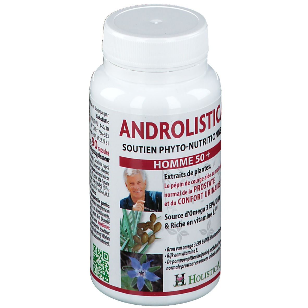 Flacon blanc de gélules. Inscription: ANDROLISTICA, HOMME 50+. Contient extraits de plantes, Oméga 3 EPA/DHA et vitamine E. Marque: Holistica.