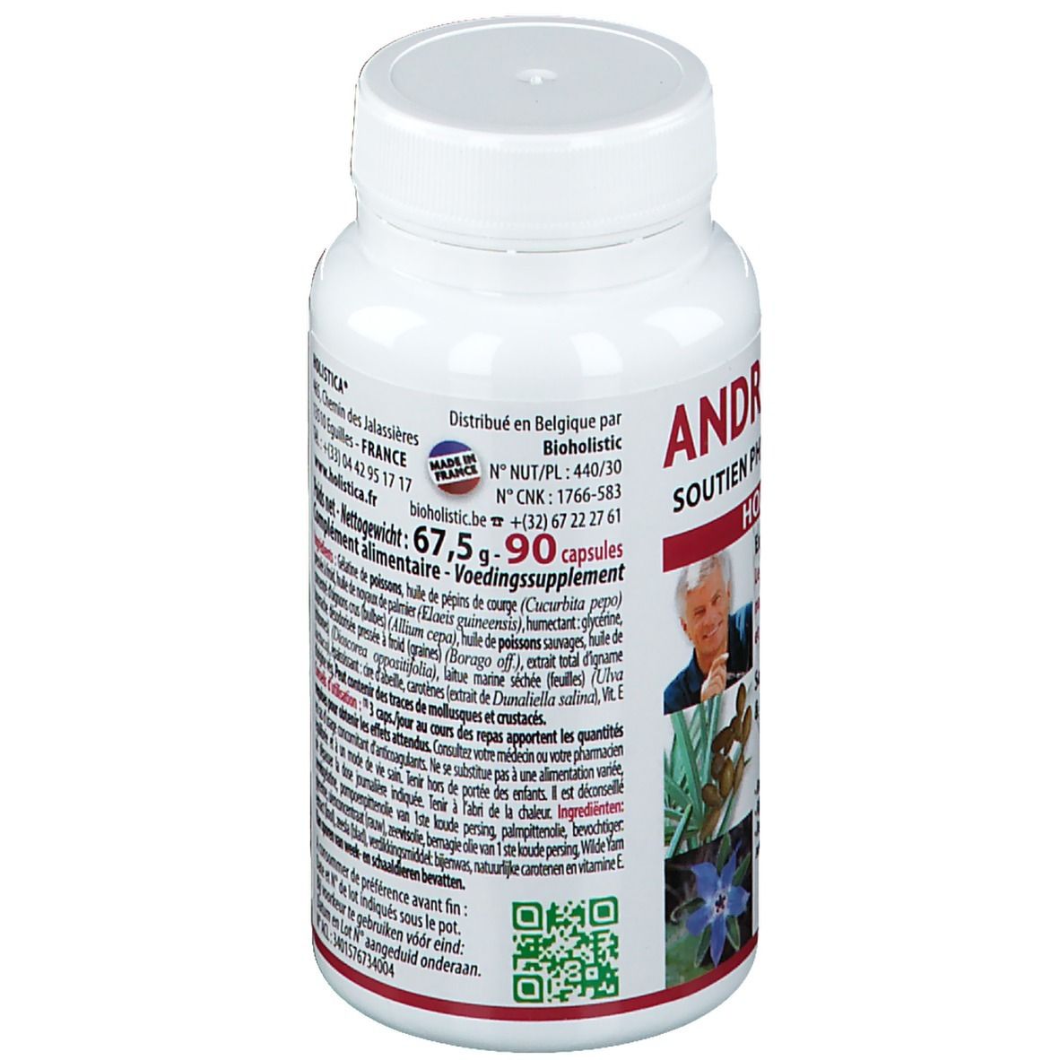 Flacon blanc de gélules. Inscription: ANDROLISTICA, HOMME 50+. Contient 90 gélules. Marque: Holistica. Poids net: 67,5g. Code QR.