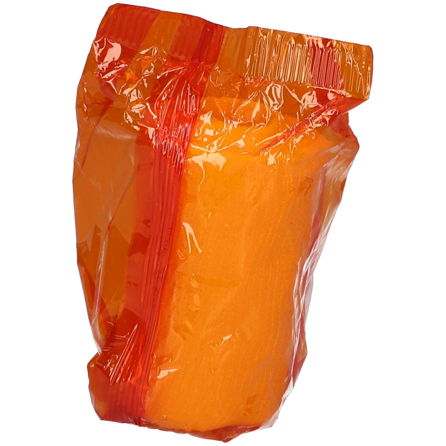 Bande élastique orange roulée dans un emballage plastique. Structure visible de la bande.