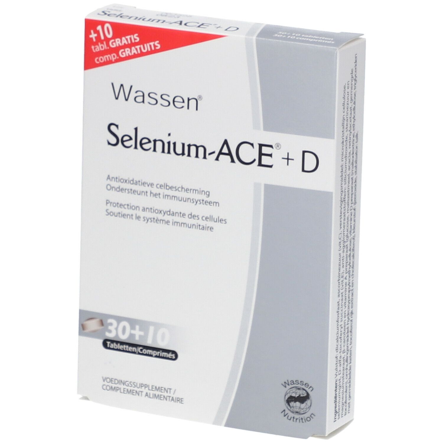 Boîte de Wassen® Selenium ACE® + D. Inscription : Selenium-ACE+D, 30+10 comprimés. Comprimés supplémentaires. Blanc, gris et rouge.