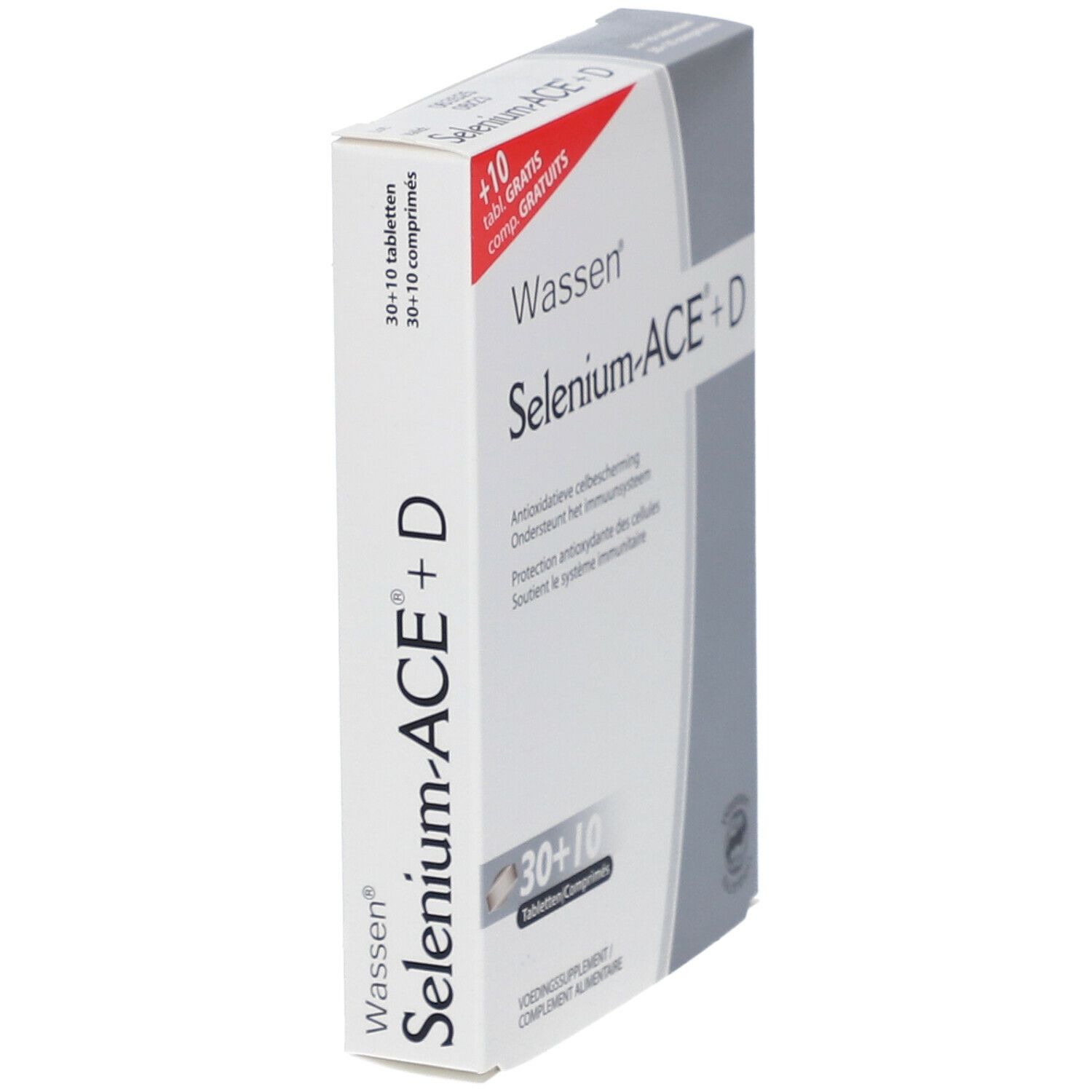 Boîte de Wassen® Selenium ACE® + D. Inscription : Selenium-ACE+D, 30+10 comprimés. Blanc, gris et rouge. Vue latérale.