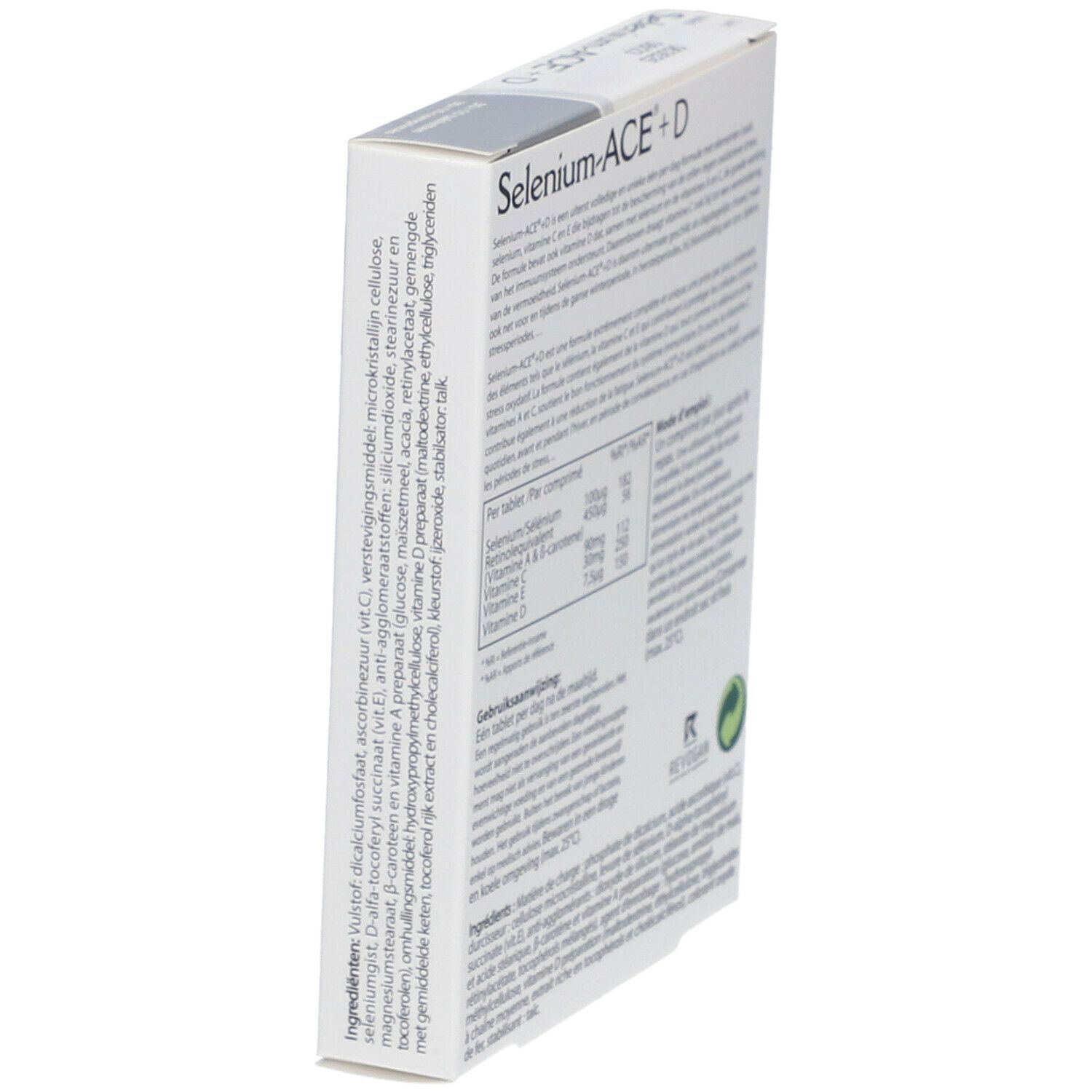 Dos de la boîte de Wassen® Selenium ACE® + D. Contient des informations sur les ingrédients et la valeur nutritionnelle. Blanc et gris.
