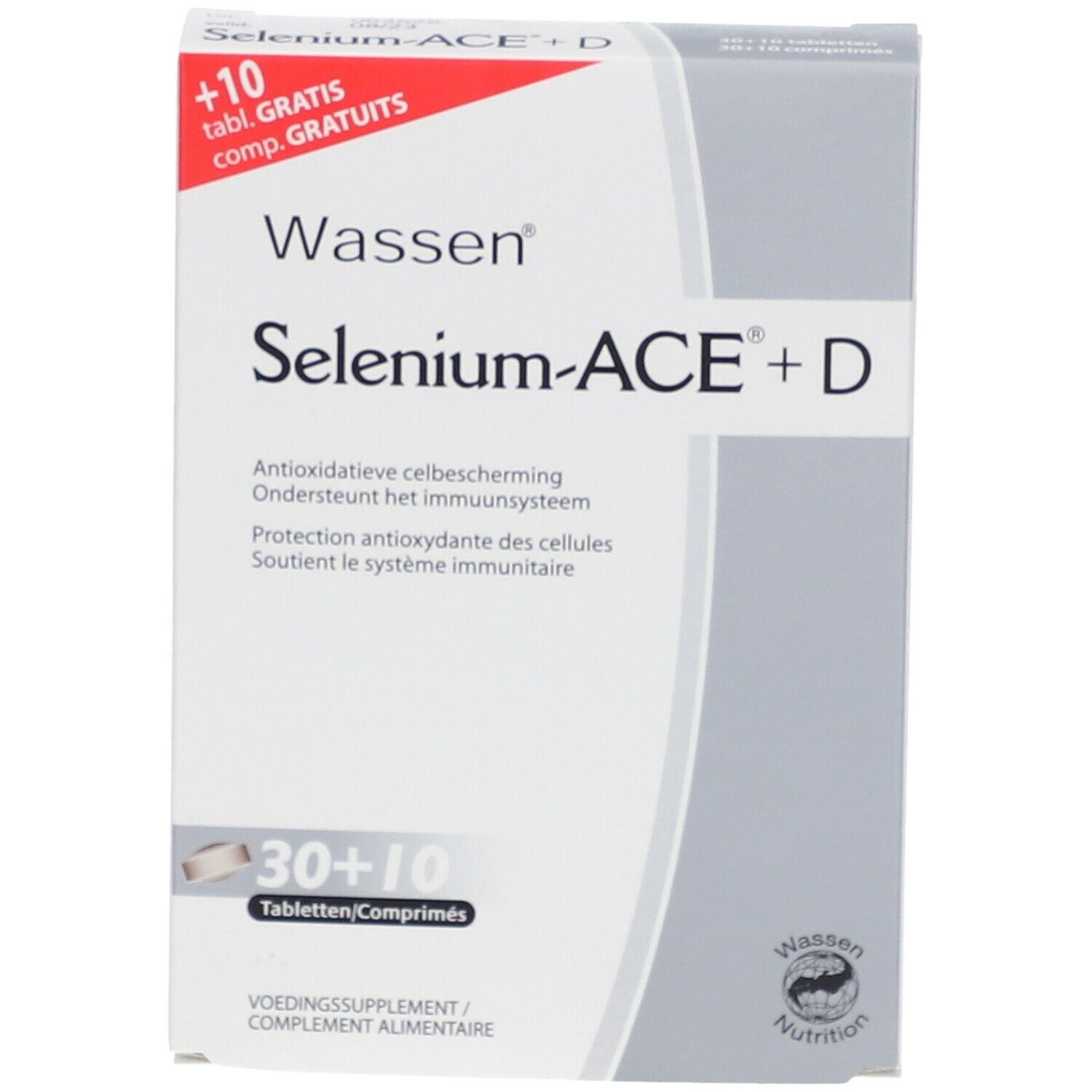 Boîte de Wassen® Selenium ACE® + D. Inscription : Selenium-ACE+D, 30+10 comprimés. Blanc, gris et rouge.