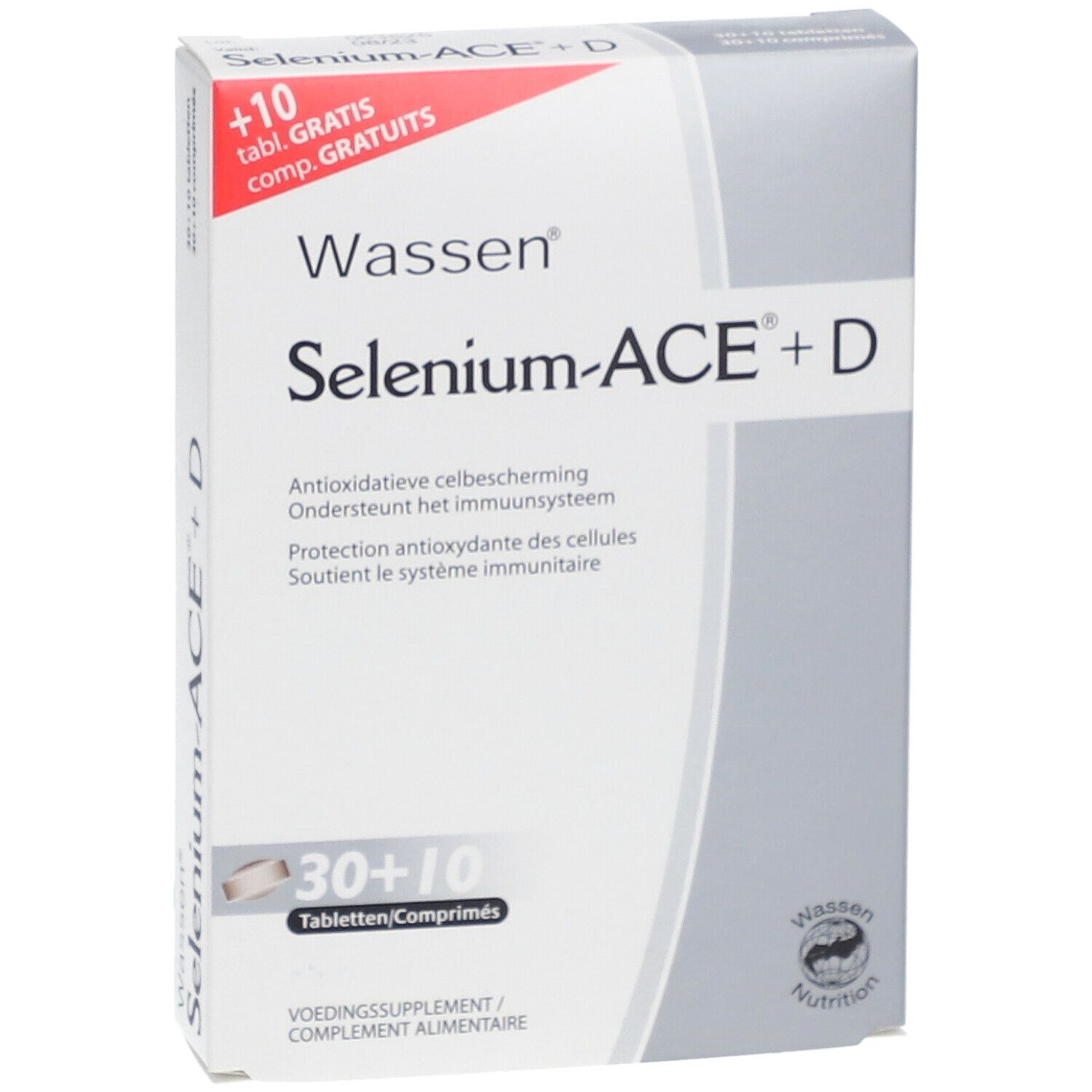 Boîte de Wassen® Selenium ACE® + D. Inscription : Selenium-ACE+D, 30+10 comprimés. Blanc, gris et rouge.