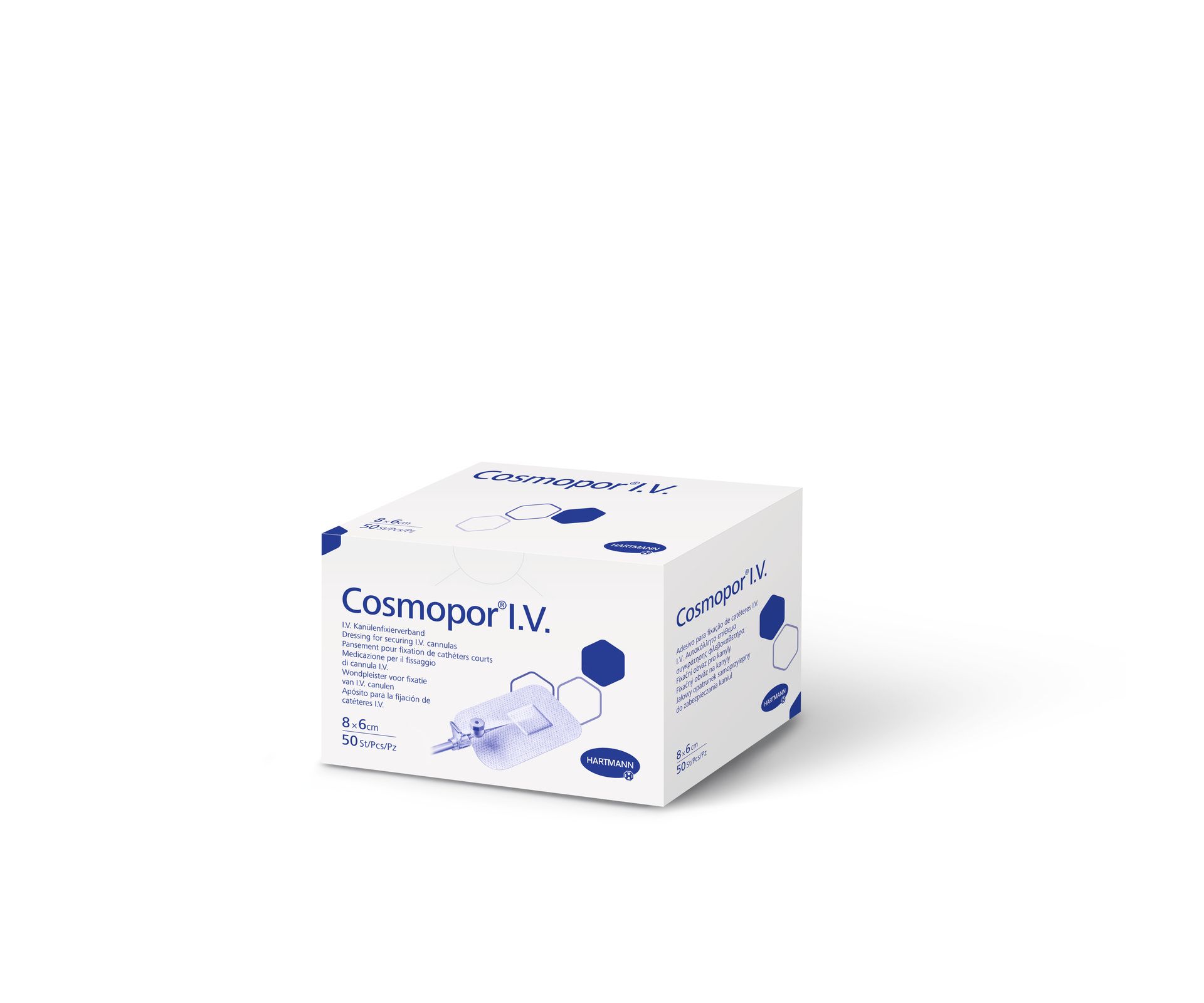 Verpakking van Cosmopor I.V. Steriel. Opschrift: 6 cm x 8 cm, 50 stuks. Productafbeelding.