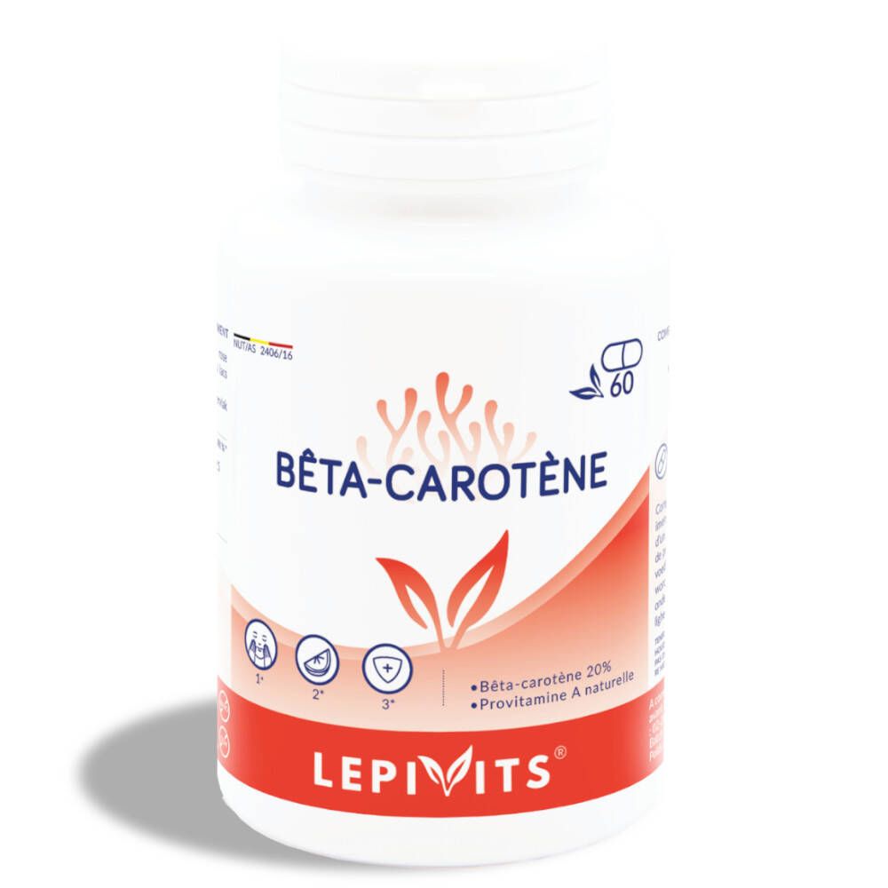 Flacon blanc de gélules. Inscription: Bêta-Carotène, Lepivits. Bande rouge en bas.