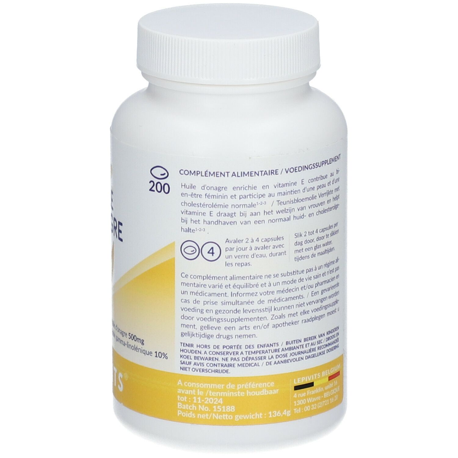 Dos du flacon blanc. Texte: Complément alimentaire. Ingrédients, recommandation de dosage, fabricant.
