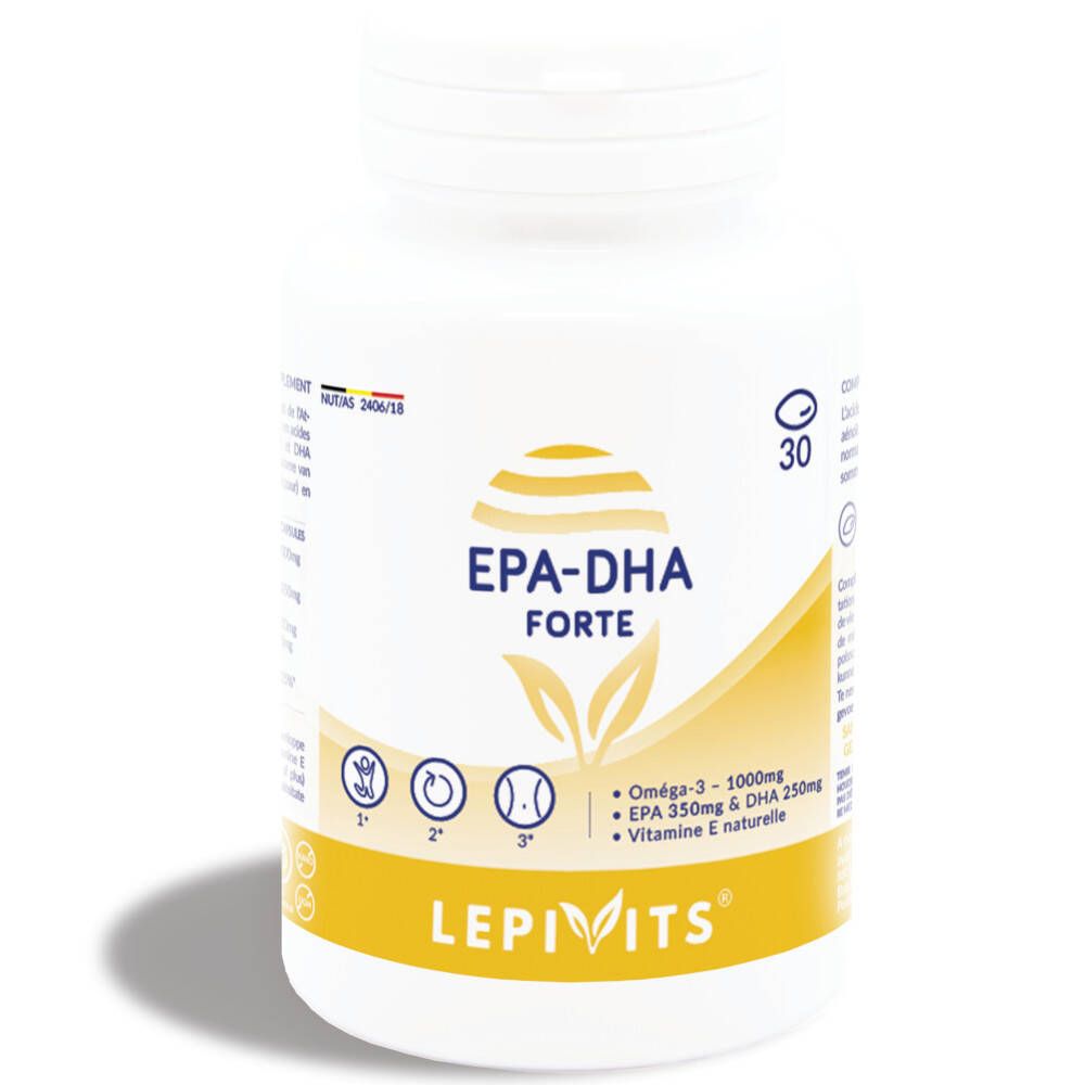 Witte fles met capsules. Opschrift EPA-DHA FORTE, LEPIVITS. Geel etiket met ingrediënten.