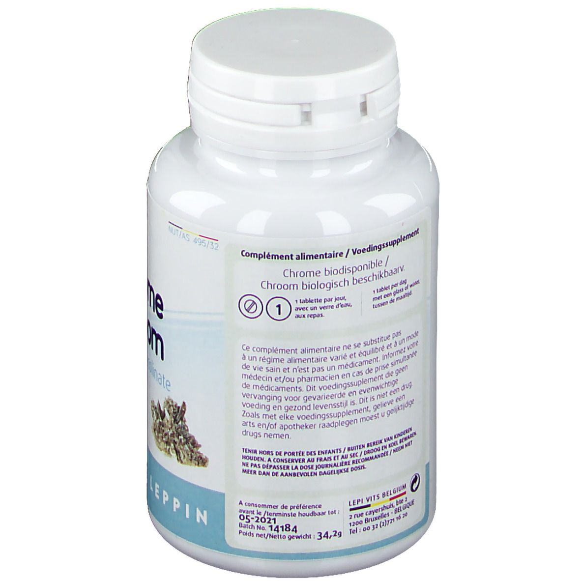 Achterkant van een witte fles met schroefdop. Tekst: Voedingssupplement. Chroom biologisch beschikbaar. Merk Leppin.