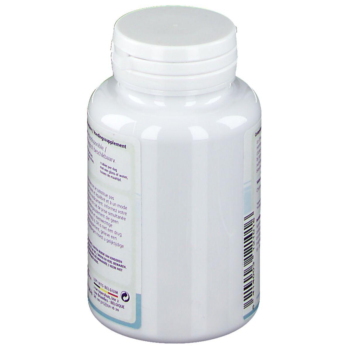 Witte fles met schroefdop. Etiket met tekst. Voedingssupplement. Merk Leppin. Opschrift.