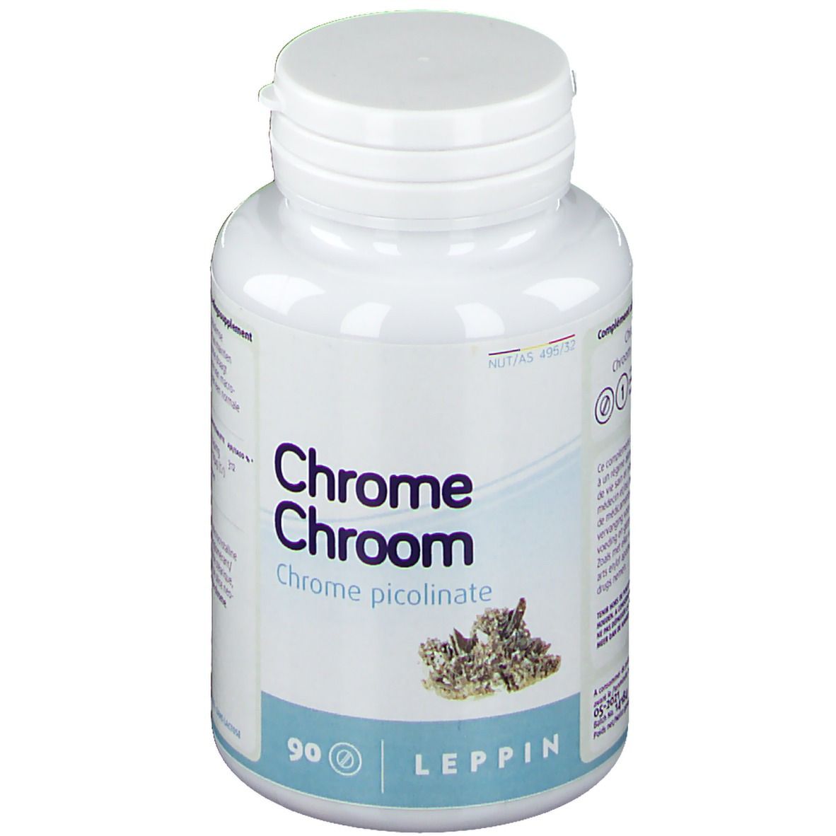 Witte fles met schroefdop. Opschrift: Chrome Chroom, Chrome picolinate. 90 tabletten. Merk Leppin.