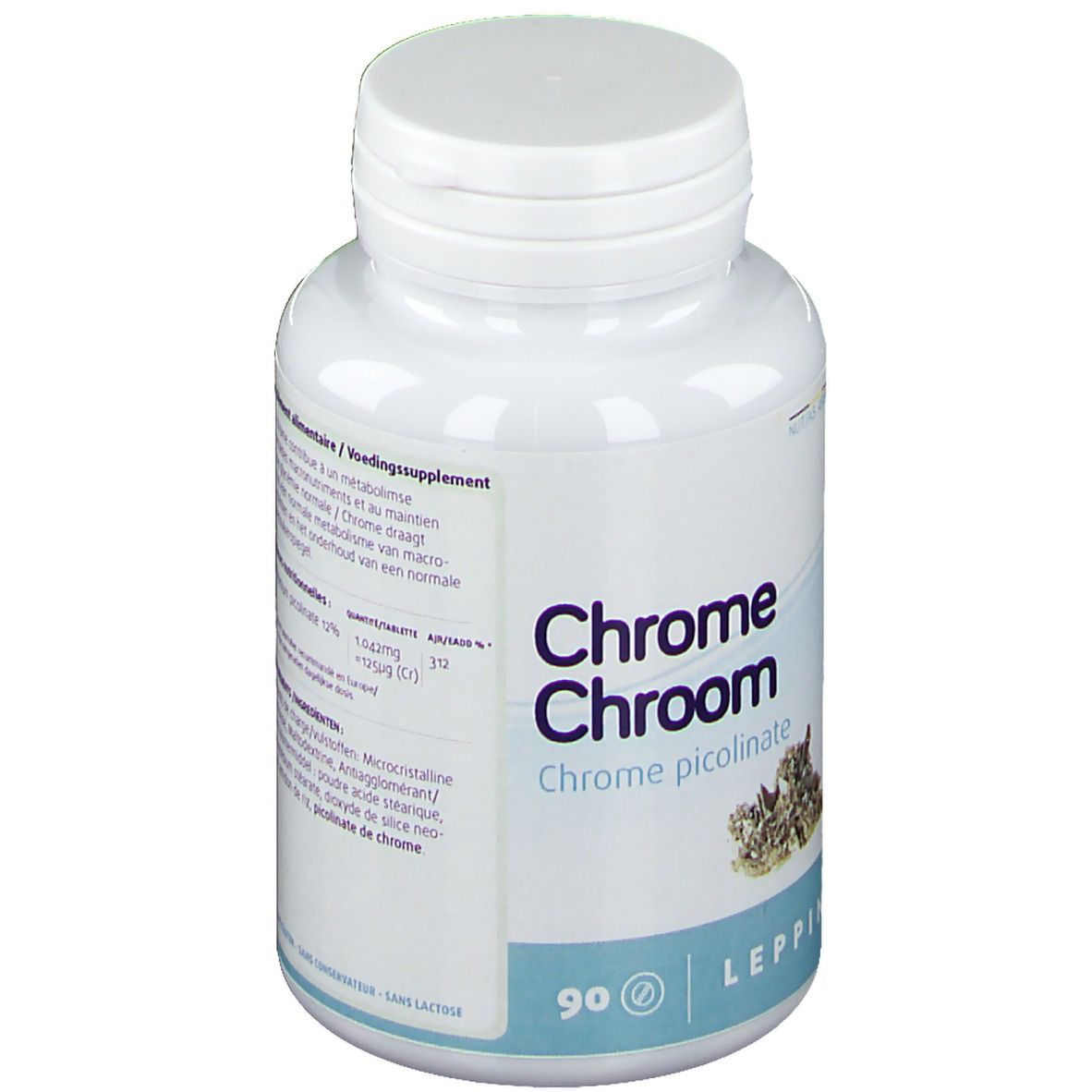 Witte fles met schroefdop. Opschrift: Chrome Chroom, Chrome picolinate. 90 tabletten. Merk Leppin.