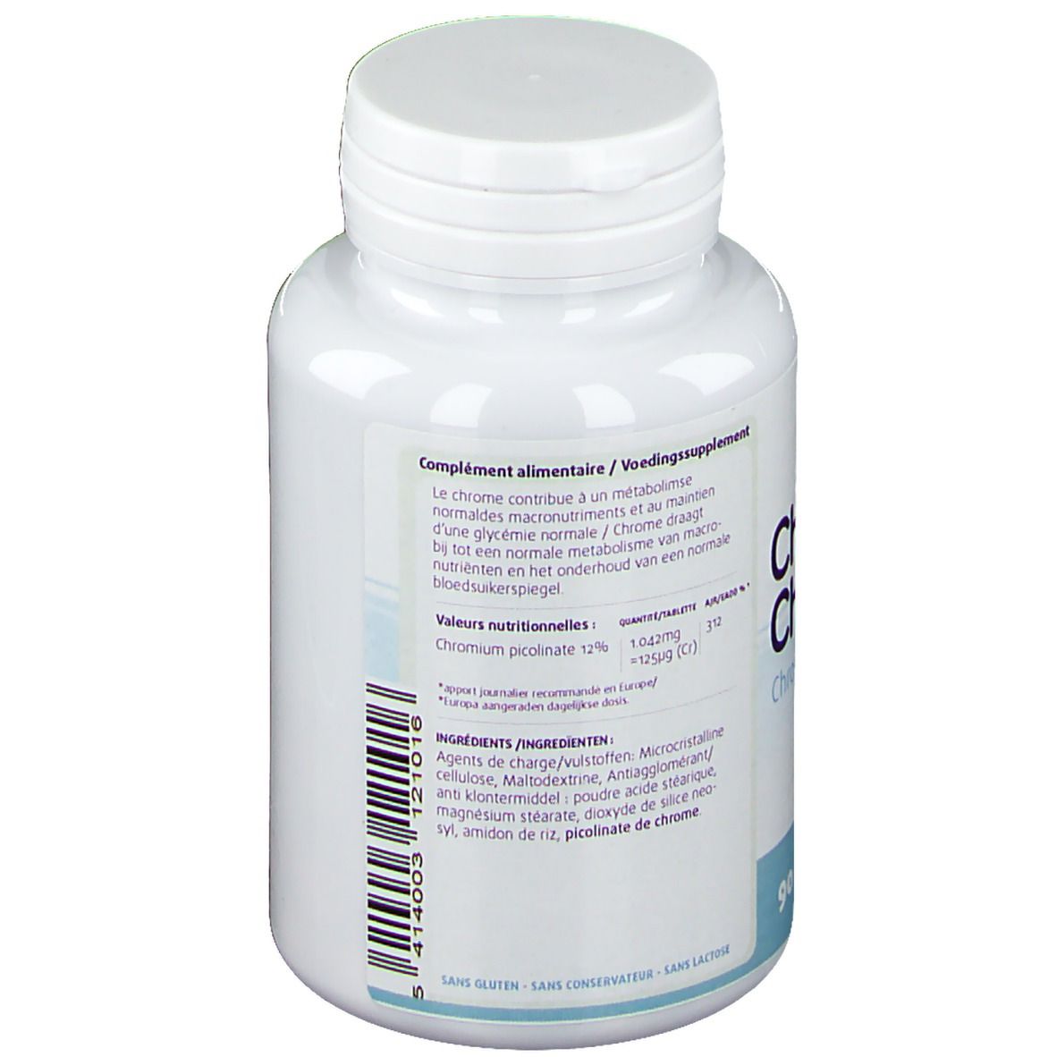 Achterkant van een witte fles met schroefdop. Tekst: Voedingssupplement. Chroom biologisch beschikbaar. Merk Leppin.
