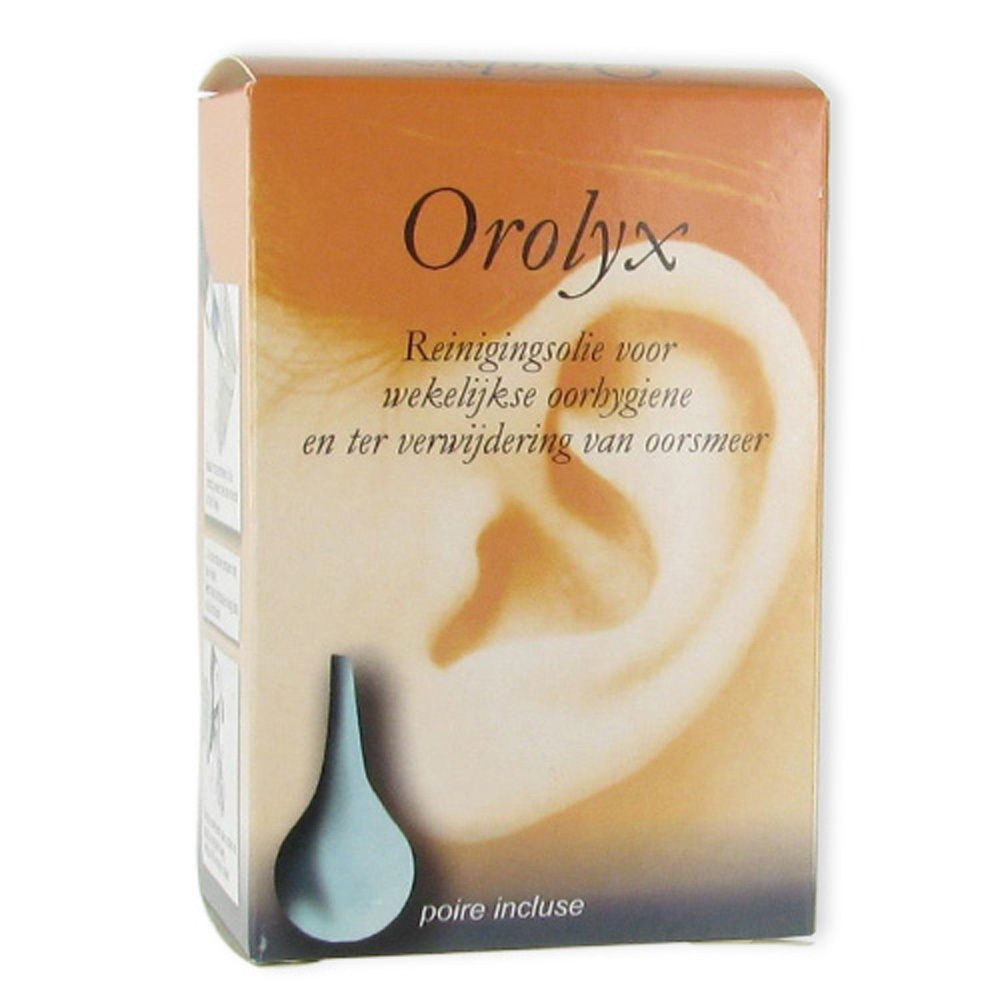Boîte Orolyx. Inscription du nom du produit, illustration d'une oreille et indication d'huile nettoyante. Comprend une poire bleue.