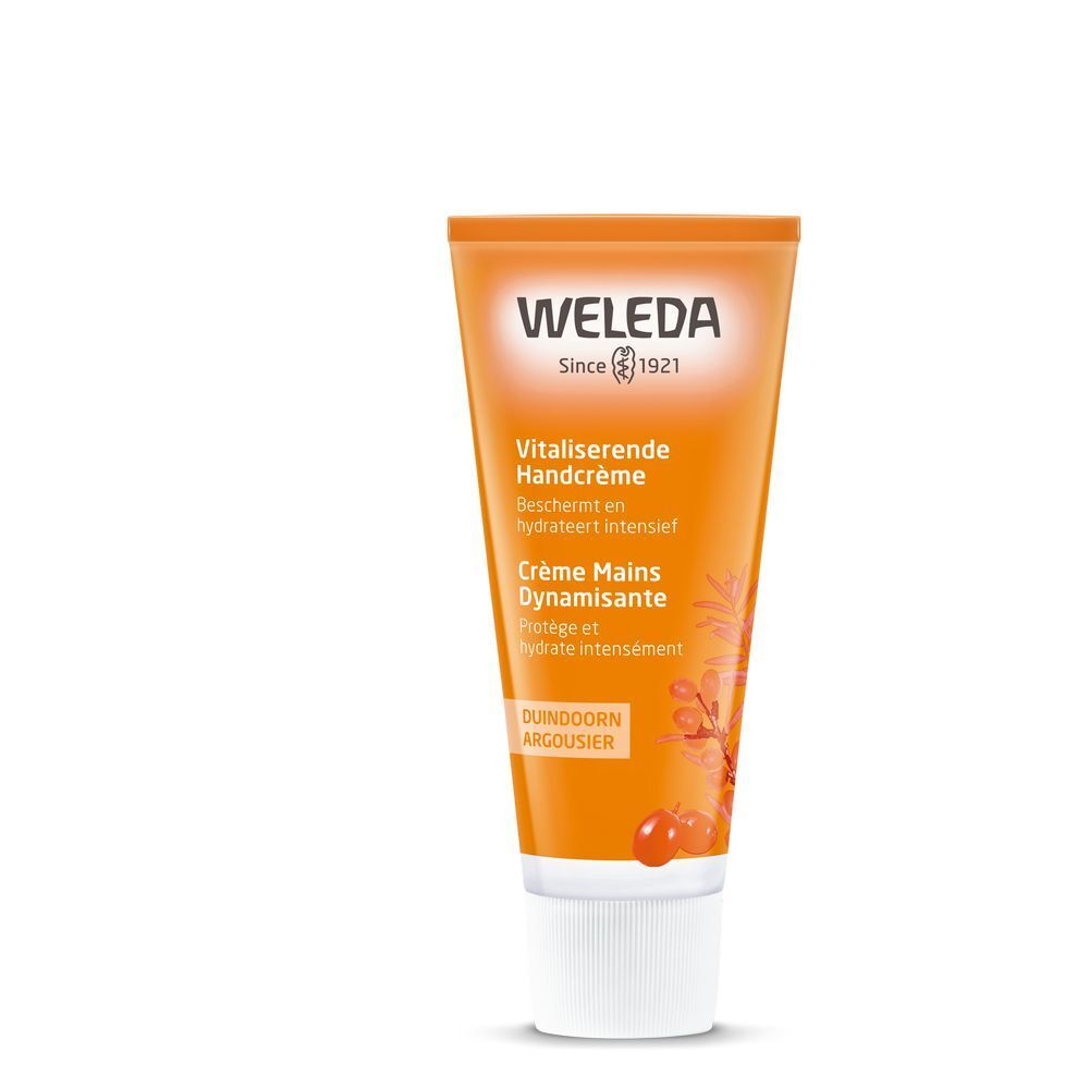 Tube orange avec bouchon blanc. Inscription: Weleda, Crème Mains Dynamisante, Argousier. Illustration du produit.