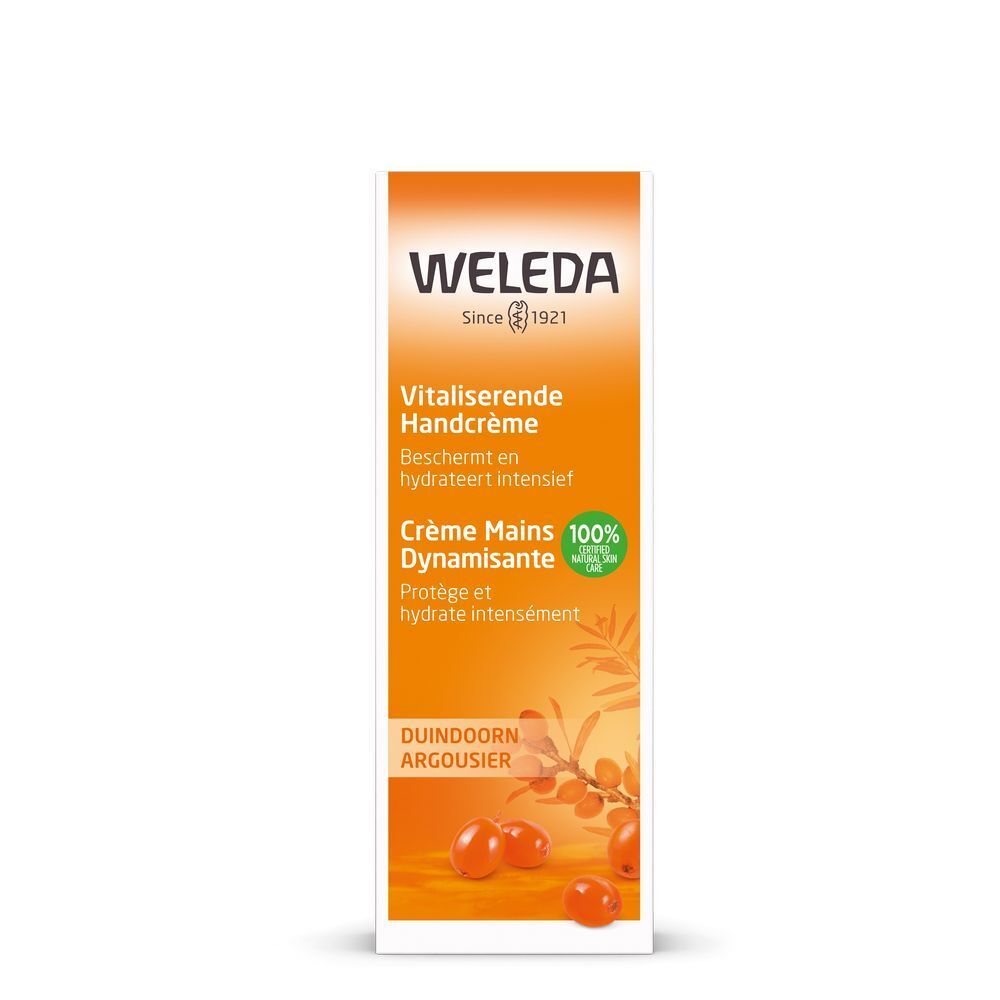 Emballage carton. Inscription: Weleda, Crème Mains Dynamisante, Argousier. Illustration du produit et label qualité.