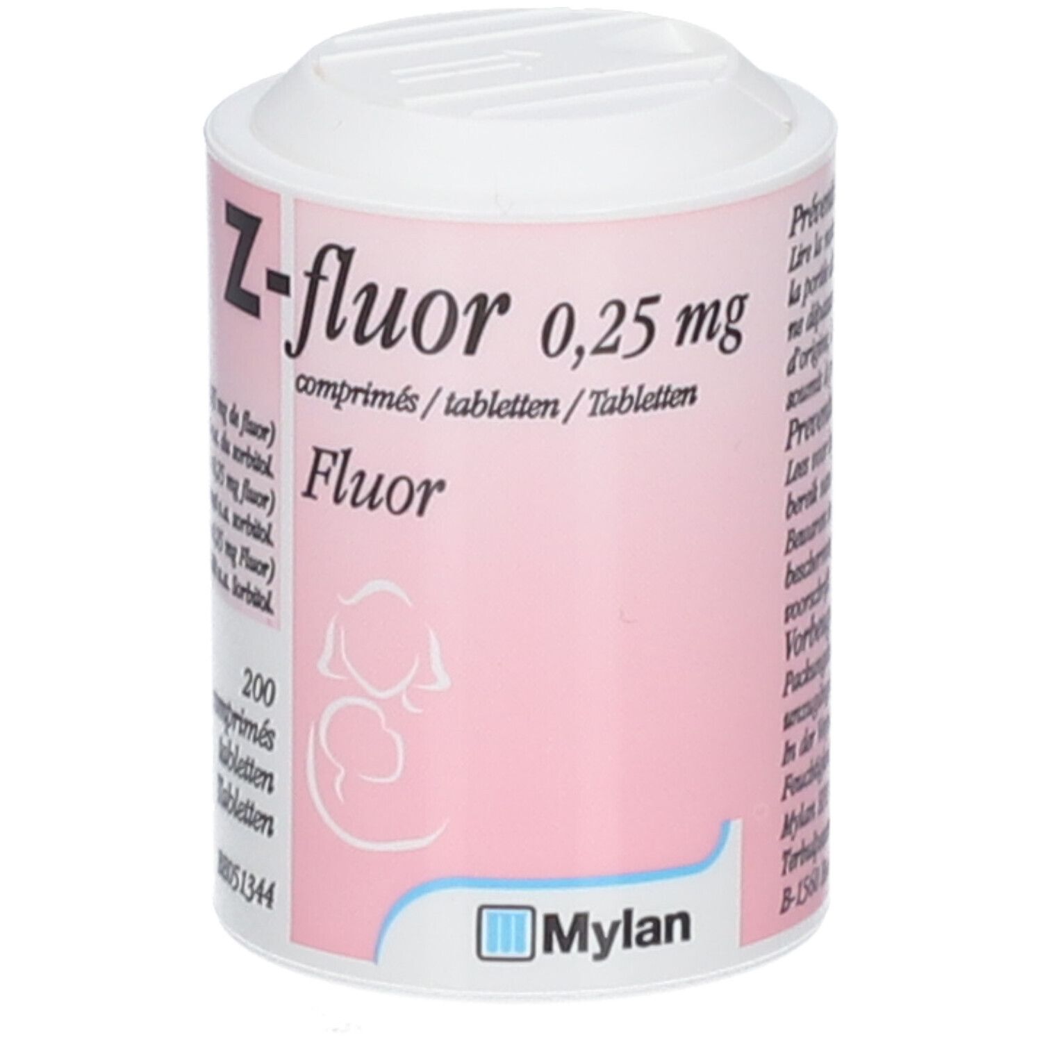 Boîte cylindrique de Z-fluor 0,25 mg comprimés. Étiquette rose, couvercle blanc. Contient 200 comprimés.