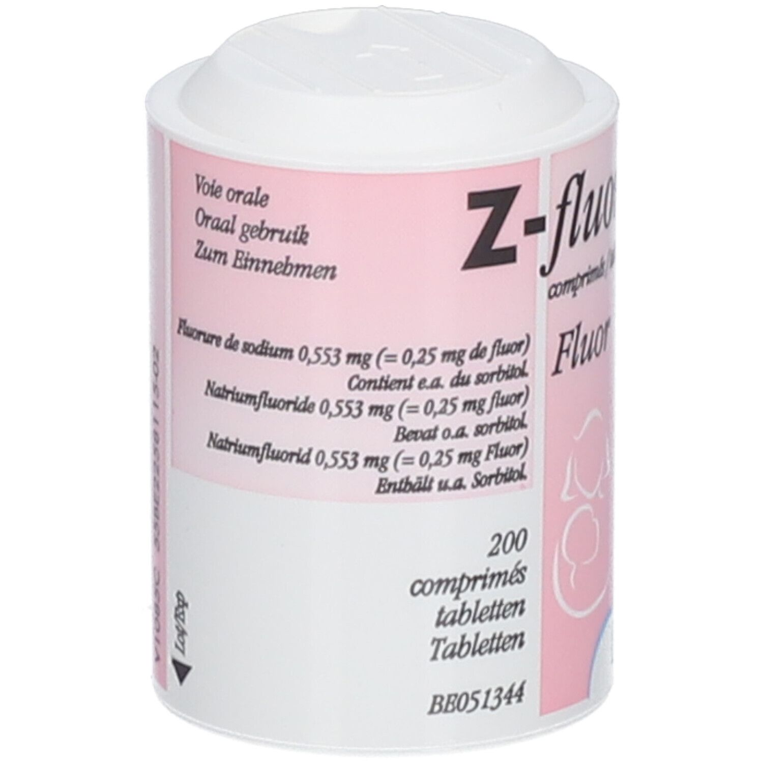 Dos de la boîte de comprimés Z-fluor. Étiquette rose avec ingrédients et dosage. Contient 200 comprimés.