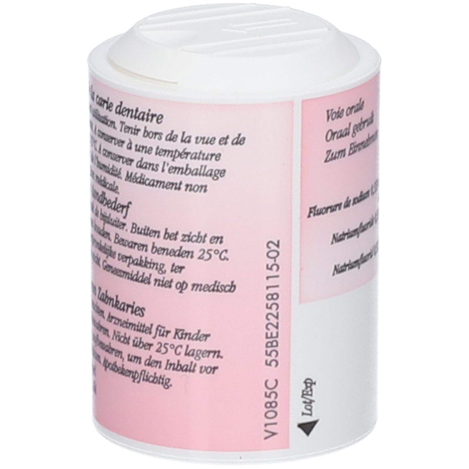 Dos de la boîte de comprimés Z-fluor. Étiquette rose avec avertissements et instructions de stockage. Contient 200 comprimés.