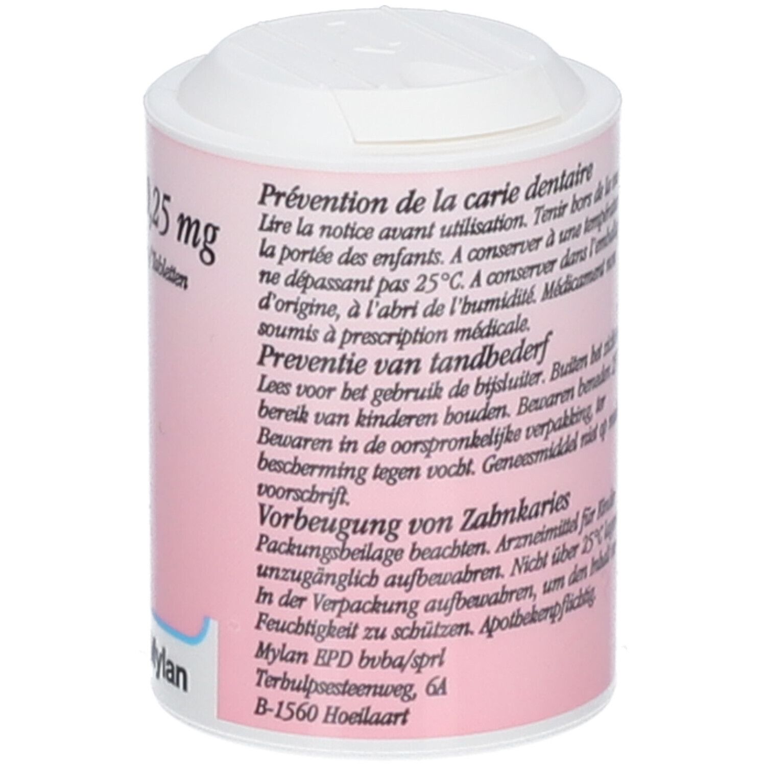 Dos de la boîte de comprimés Z-fluor. Étiquette rose avec avertissements et instructions de stockage. Contient 200 comprimés.