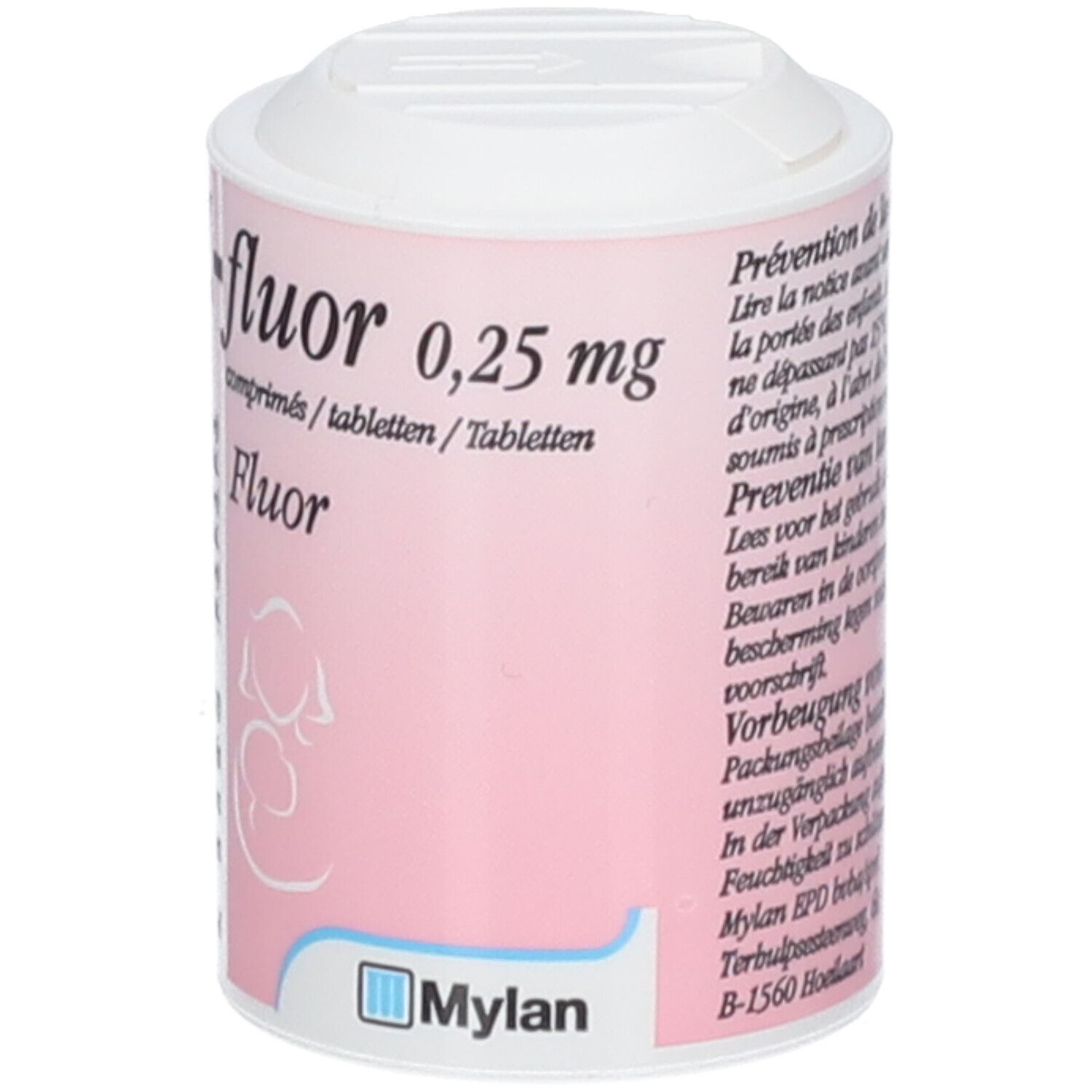 Boîte cylindrique de Z-fluor 0,25 mg comprimés. Étiquette rose, couvercle blanc. Contient 200 comprimés.