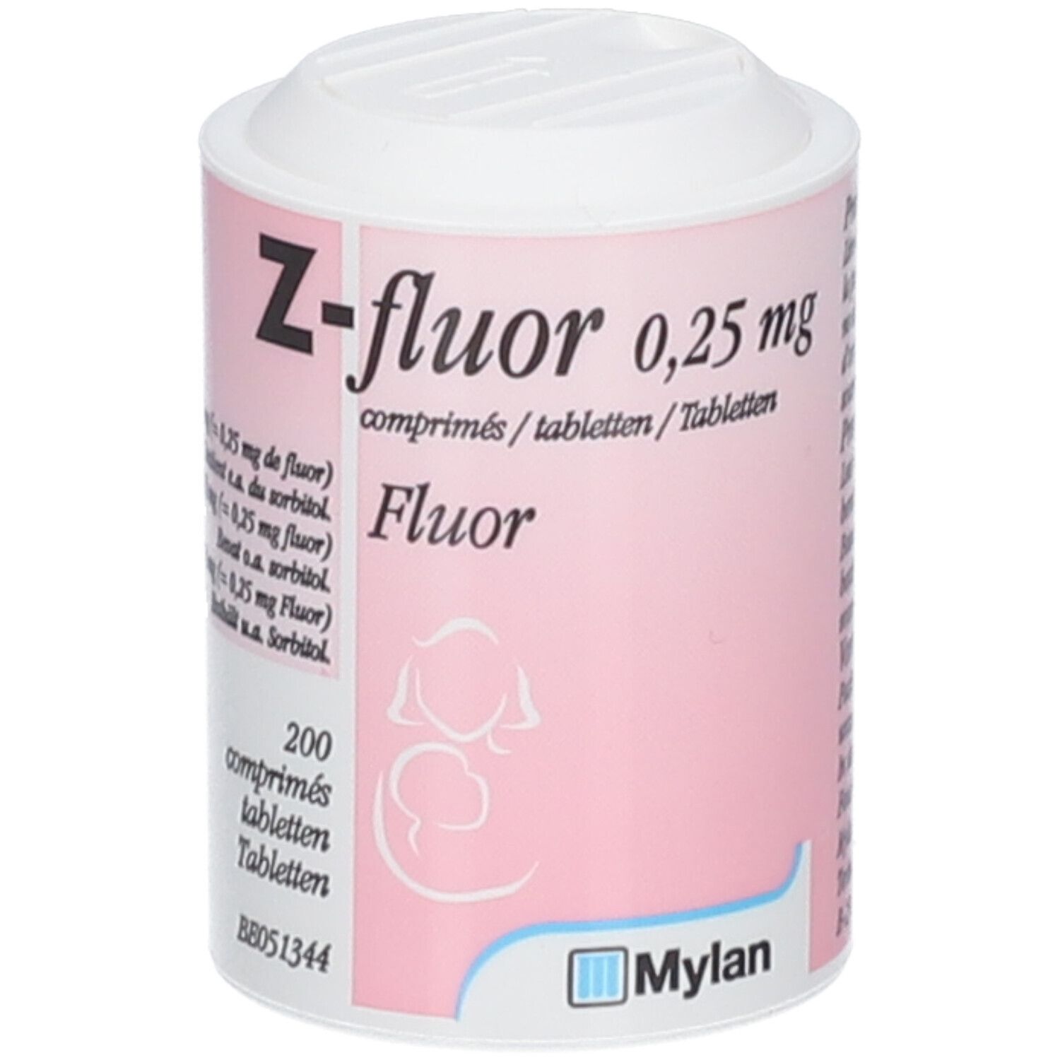 Boîte cylindrique de Z-fluor 0,25 mg comprimés. Étiquette rose, couvercle blanc. Contient 200 comprimés.