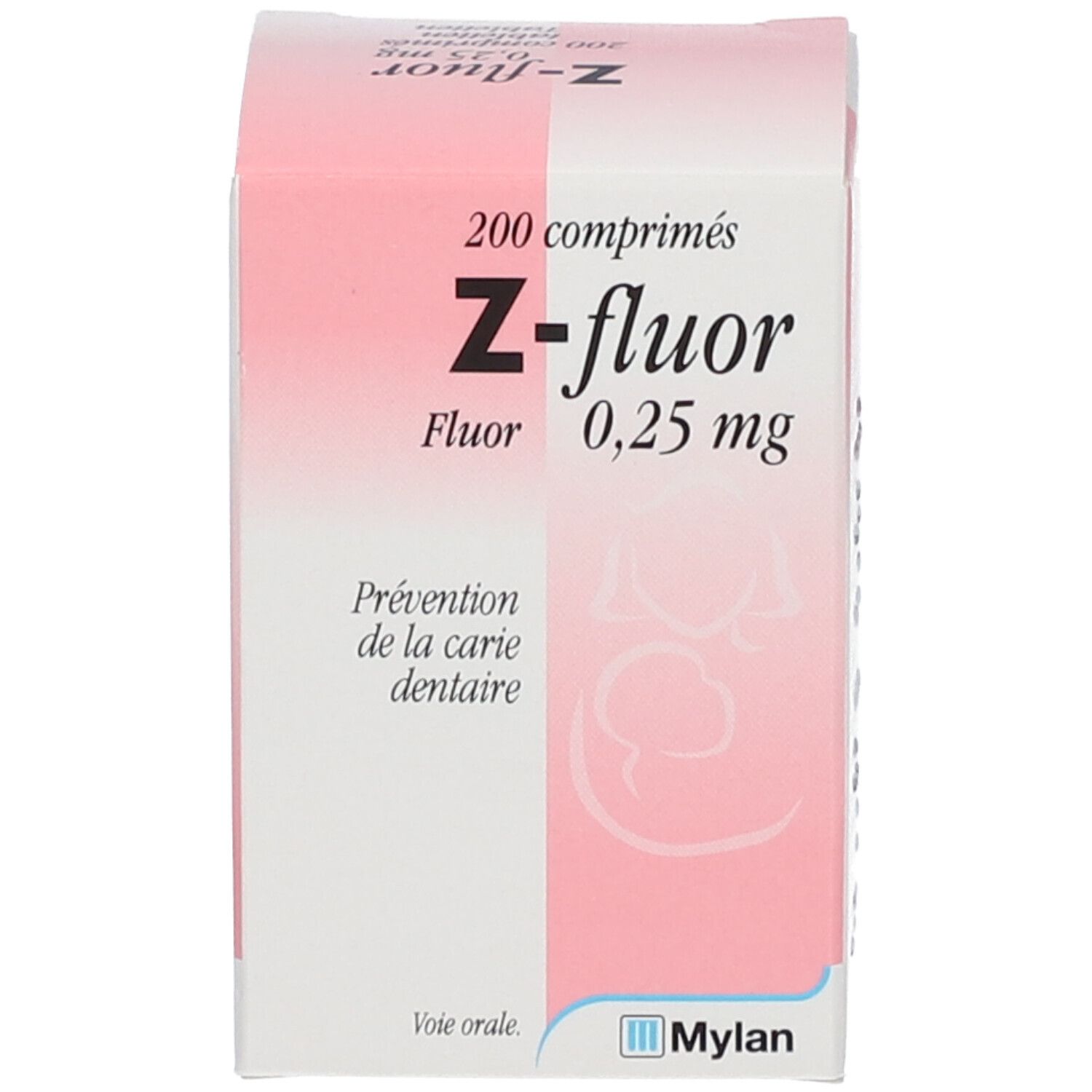 Boîte de comprimés Z-fluor. Rectangulaire, rose. Contient 200 comprimés. Inscription : Z-fluor, 0,25 mg.