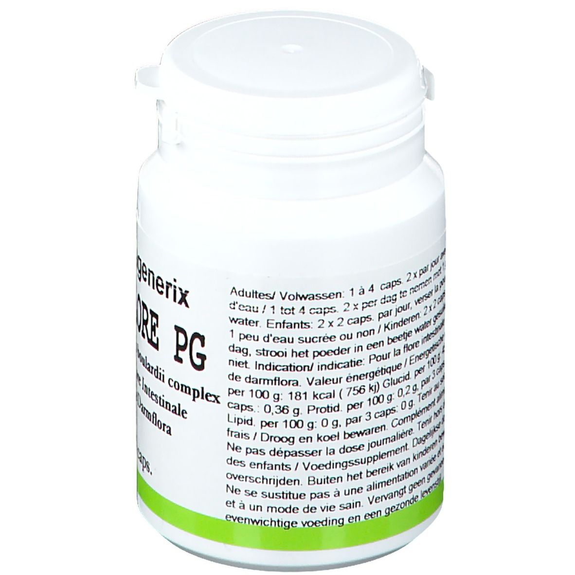 Flacon blanc de gélules. Inscription: Pharmagenerix PERFLORE PG. Texte en français et néerlandais. Texte au dos.