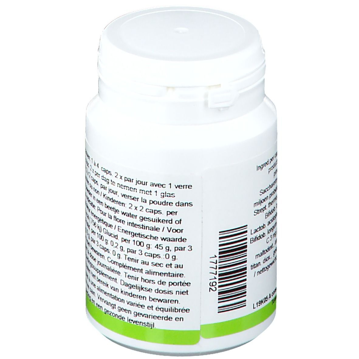 Flacon blanc de gélules. Inscription: Pharmagenerix PERFLORE PG. Texte en français et néerlandais. Texte au dos.