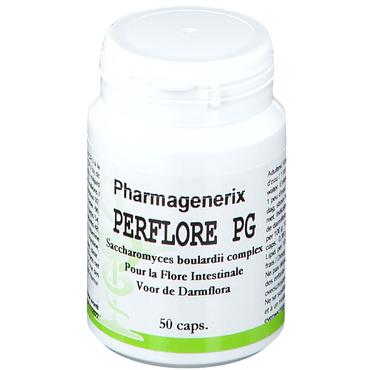 Flacon blanc de gélules. Inscription: Pharmagenerix PERFLORE PG, 50 capsules. Texte en français et néerlandais.