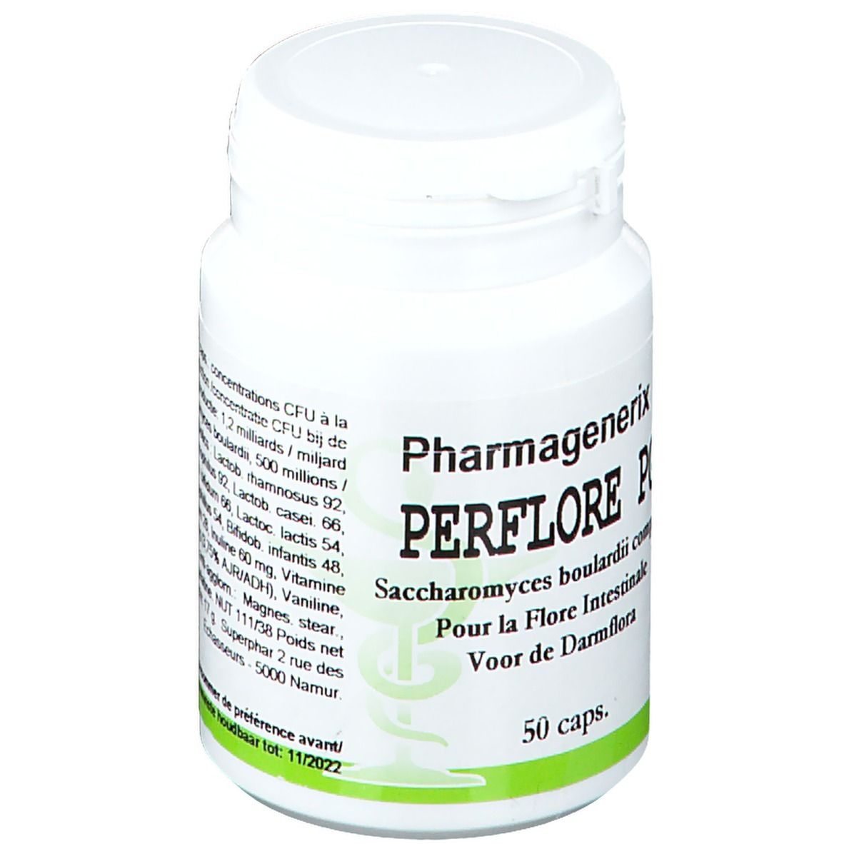 Flacon blanc de gélules. Inscription: Pharmagenerix PERFLORE PG, 50 capsules. Texte en français et néerlandais.