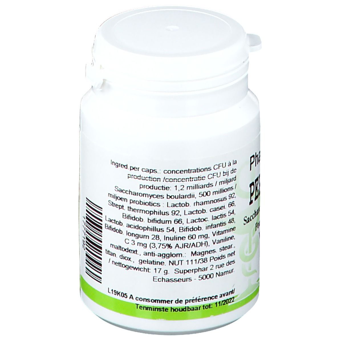 Flacon blanc de gélules. Inscription: Pharmagenerix PERFLORE PG. Texte en français et néerlandais. Liste des ingrédients.
