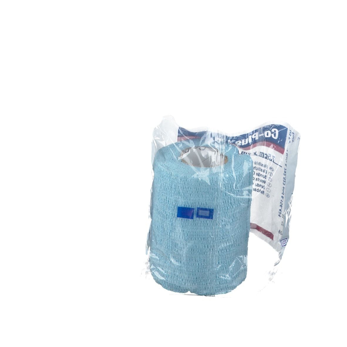 Bande cohésive élastique bleue, en emballage plastique. Nom du produit et logo partiellement visibles. BSN medical.