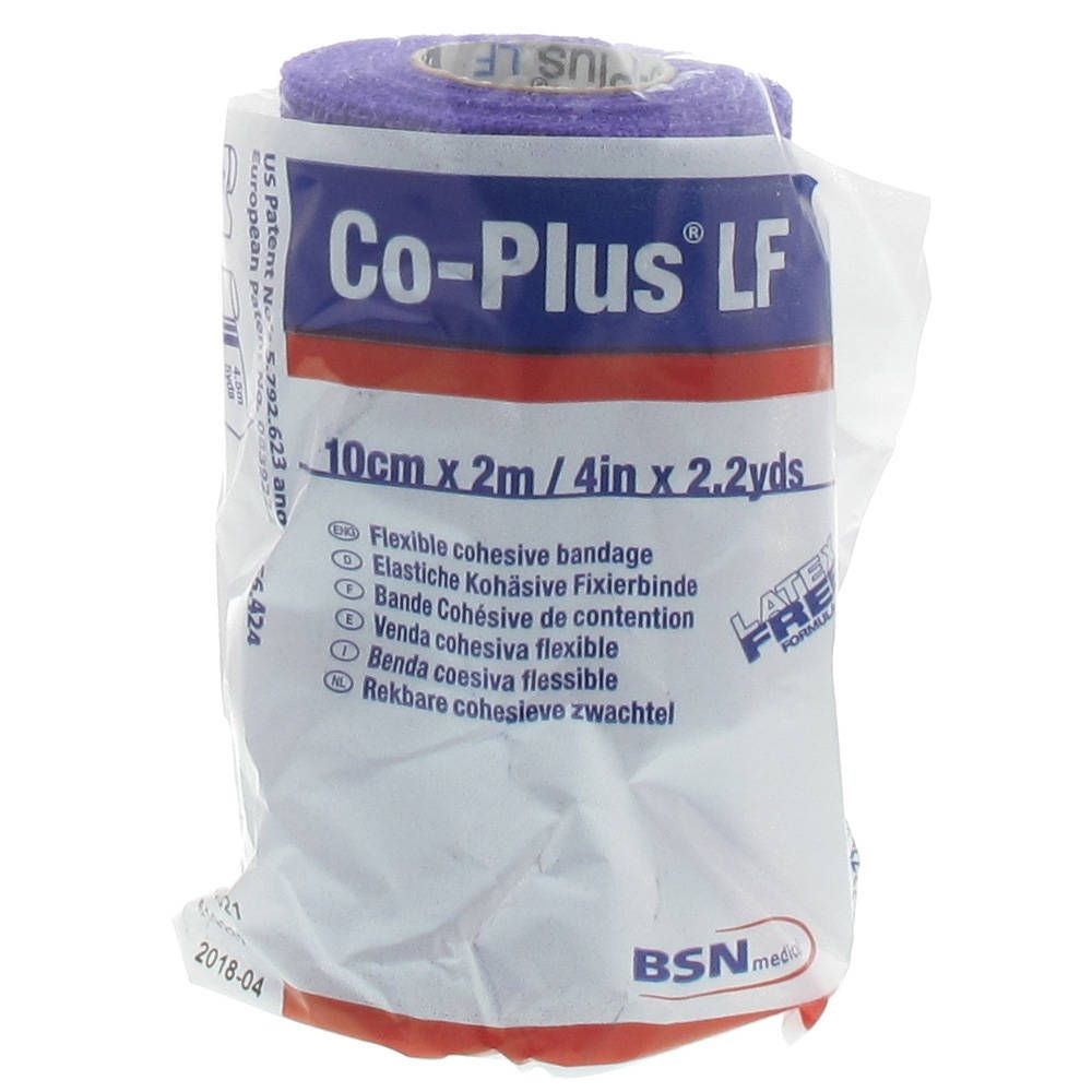 Co-Plus LF, bandage cohésif flexible, 10cm x 2m. Bandage violet en emballage. Sans latex.
