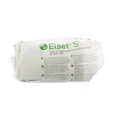 Verpakking van Elset "S" compressieverband. Witte, rechthoekige verpakking met groen logo en tekst. Type 3A, lichte compressie.